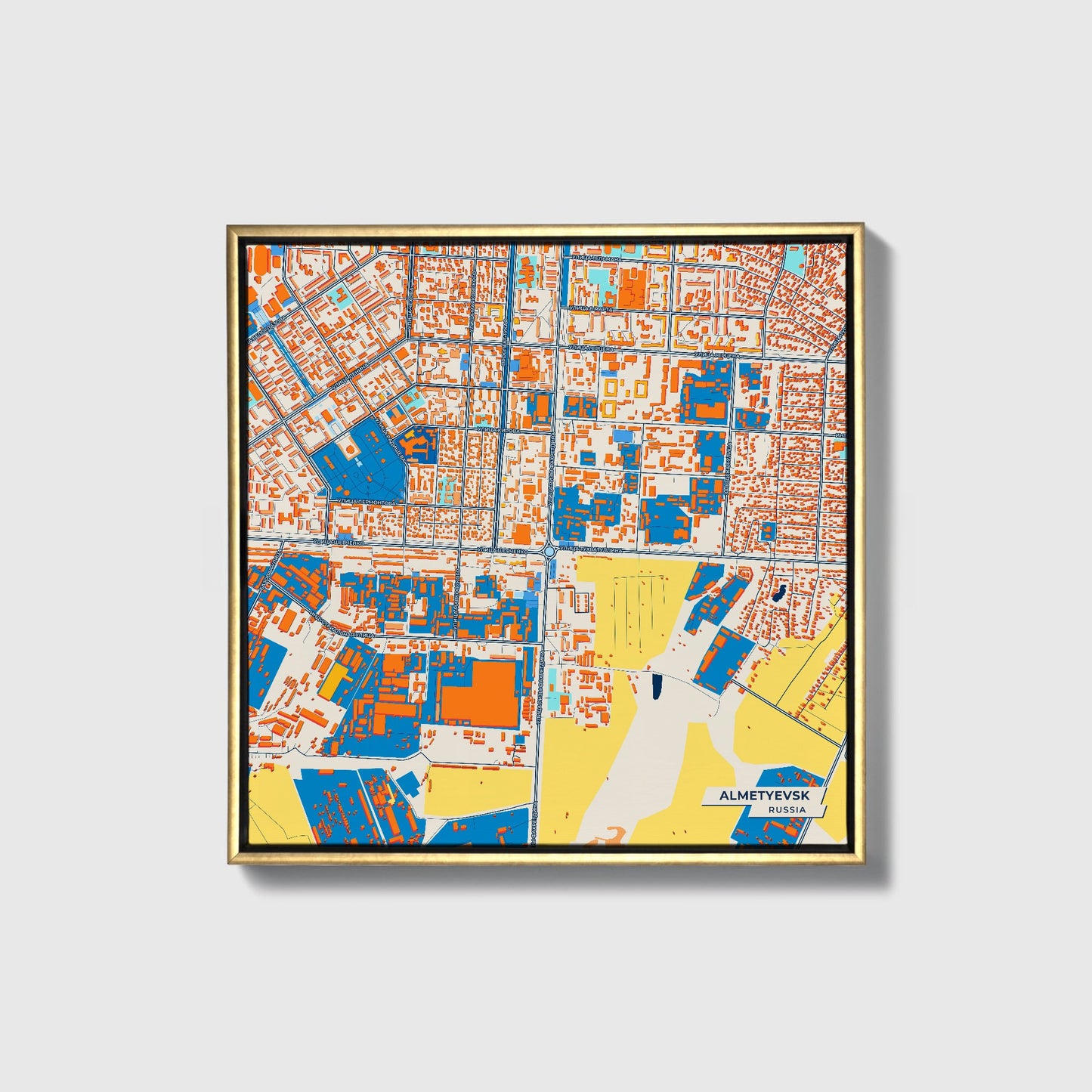 Альметьевск Russia Colorful City Map Canvas Print • Gold Framed
