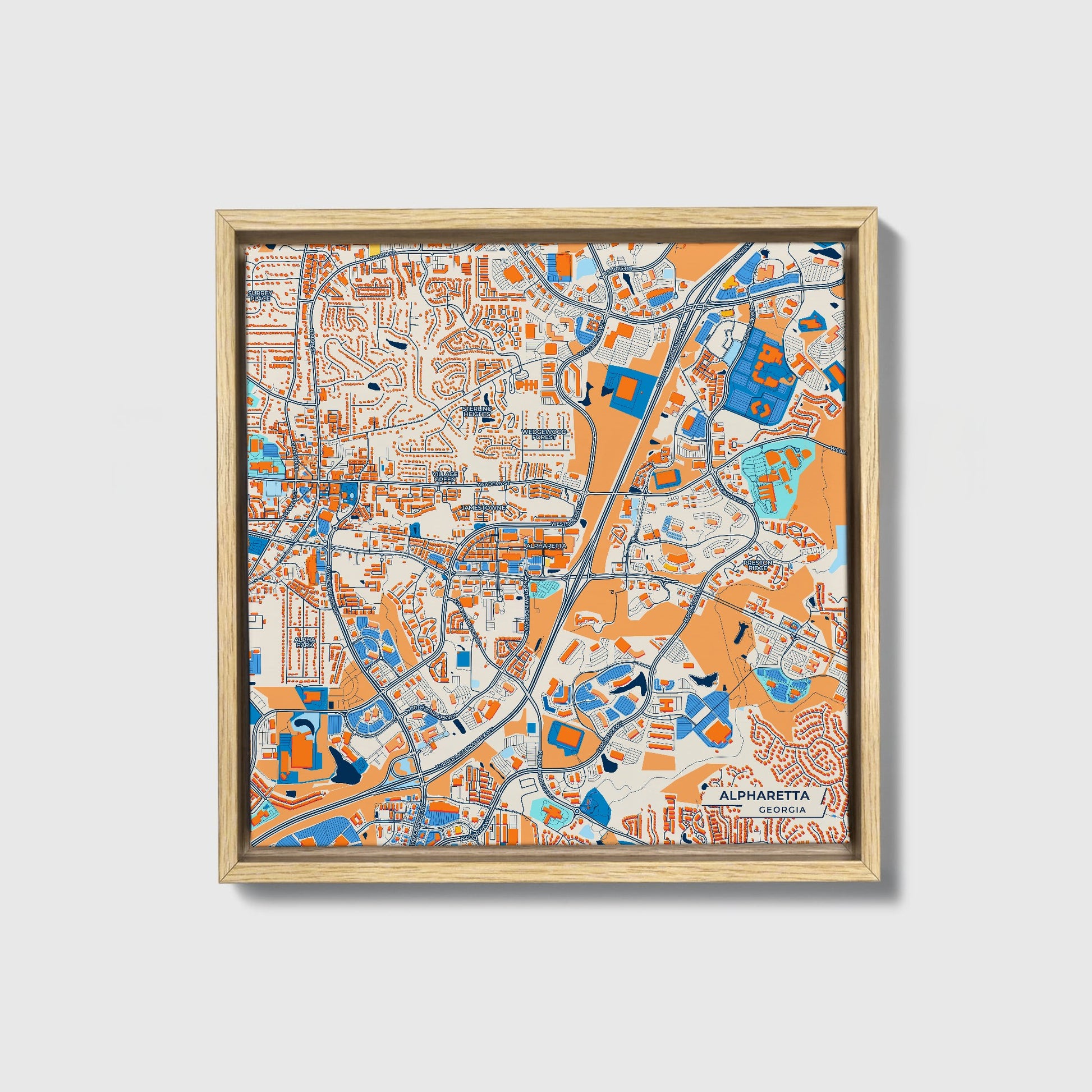 Alpharetta Georgia Colorful City Map Canvas Print • Natural Wooden Framed