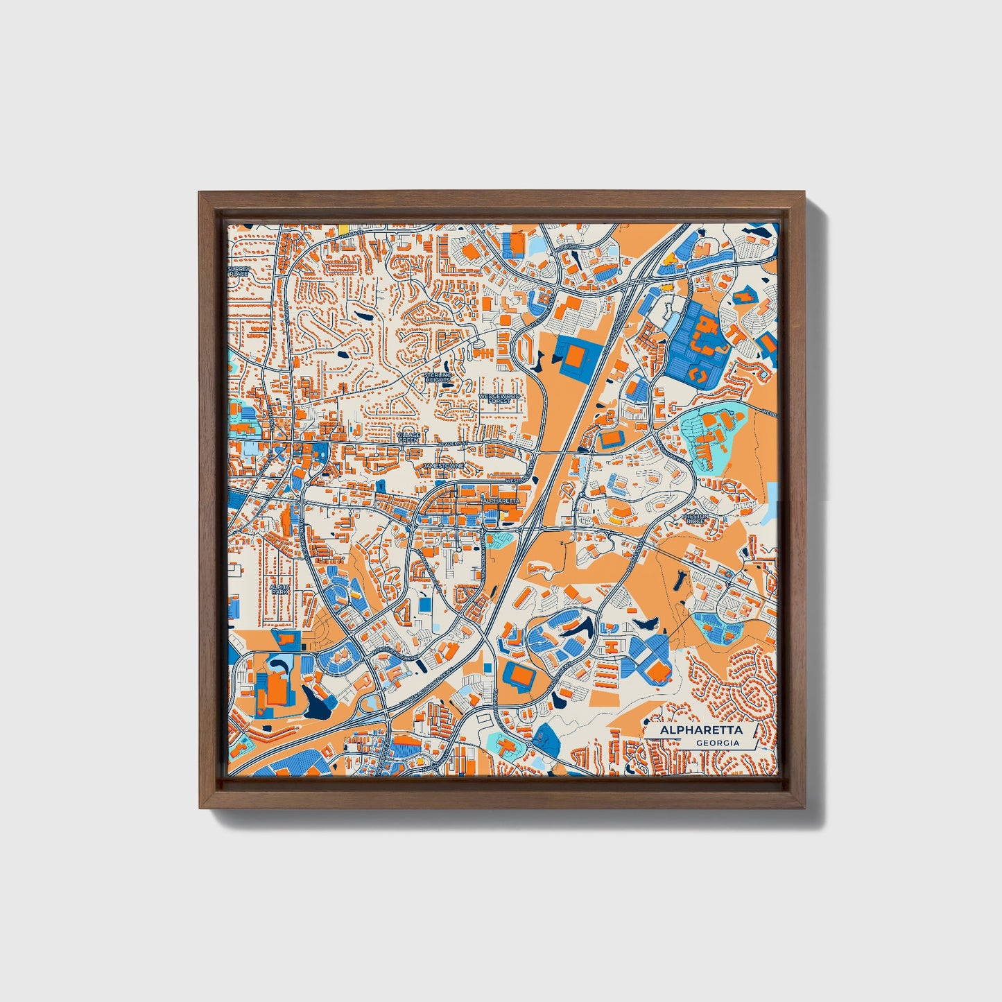 Alpharetta Georgia Colorful City Map Canvas Print • Dark Wooden Framed