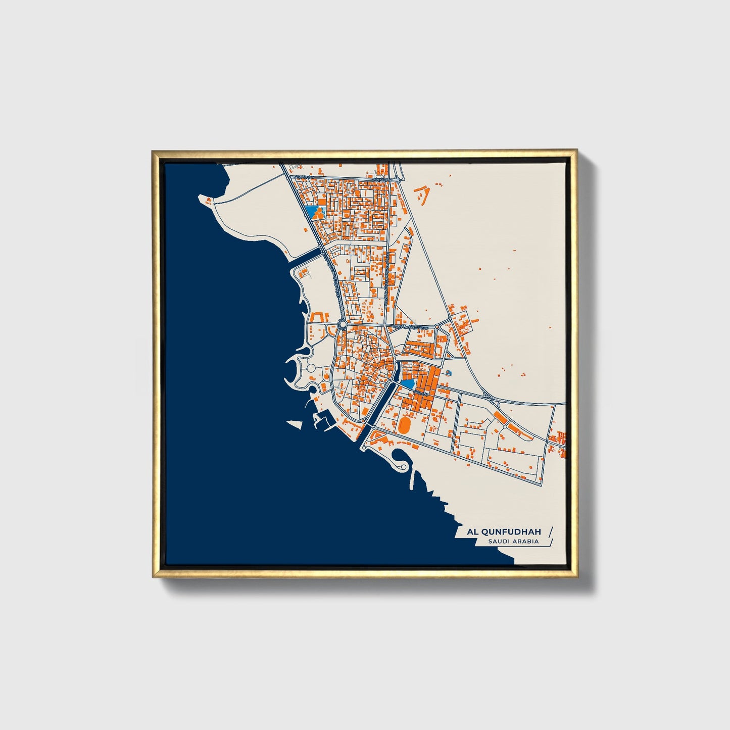Al Qunfudhah Saudi Arabia Colorful City Map Canvas Print • Gold Framed