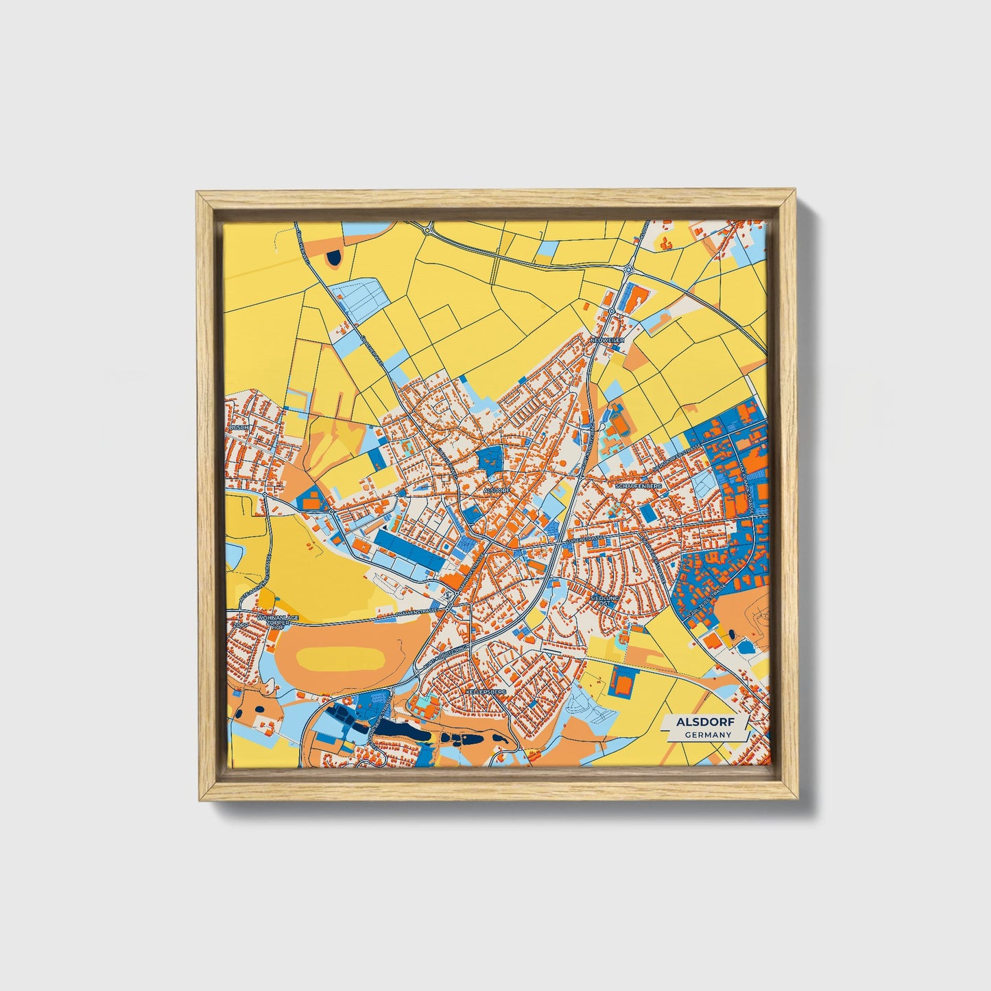 Alsdorf Germany Colorful City Map Canvas Print • Natural Wooden Framed