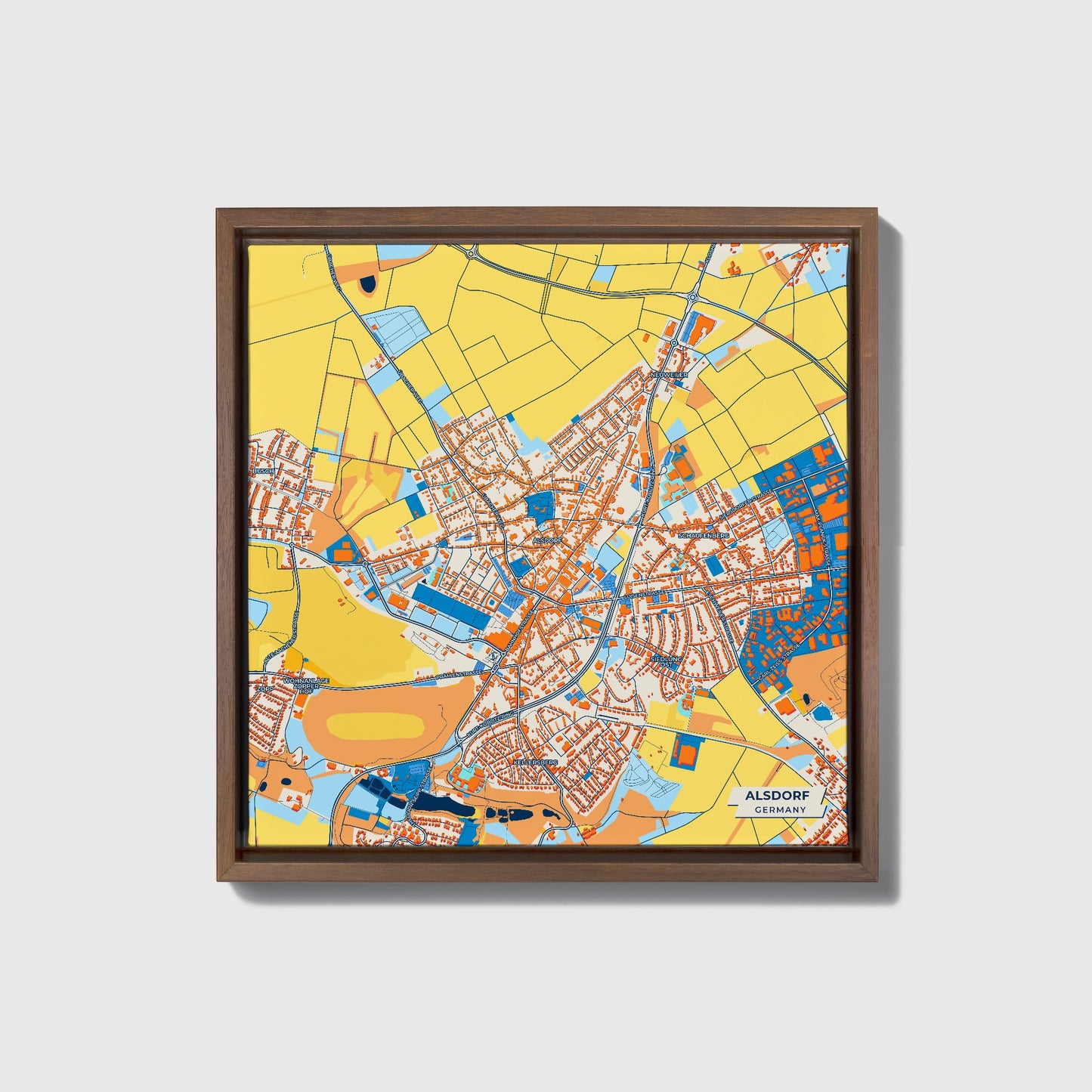 Alsdorf Germany Colorful City Map Canvas Print • Dark Wooden Framed