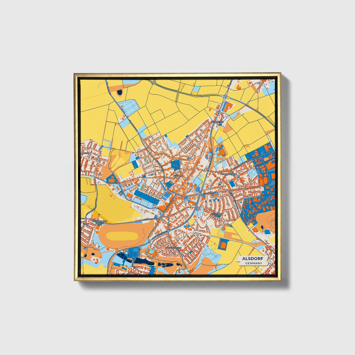 Alsdorf Germany Colorful City Map Canvas Print • Gold Framed