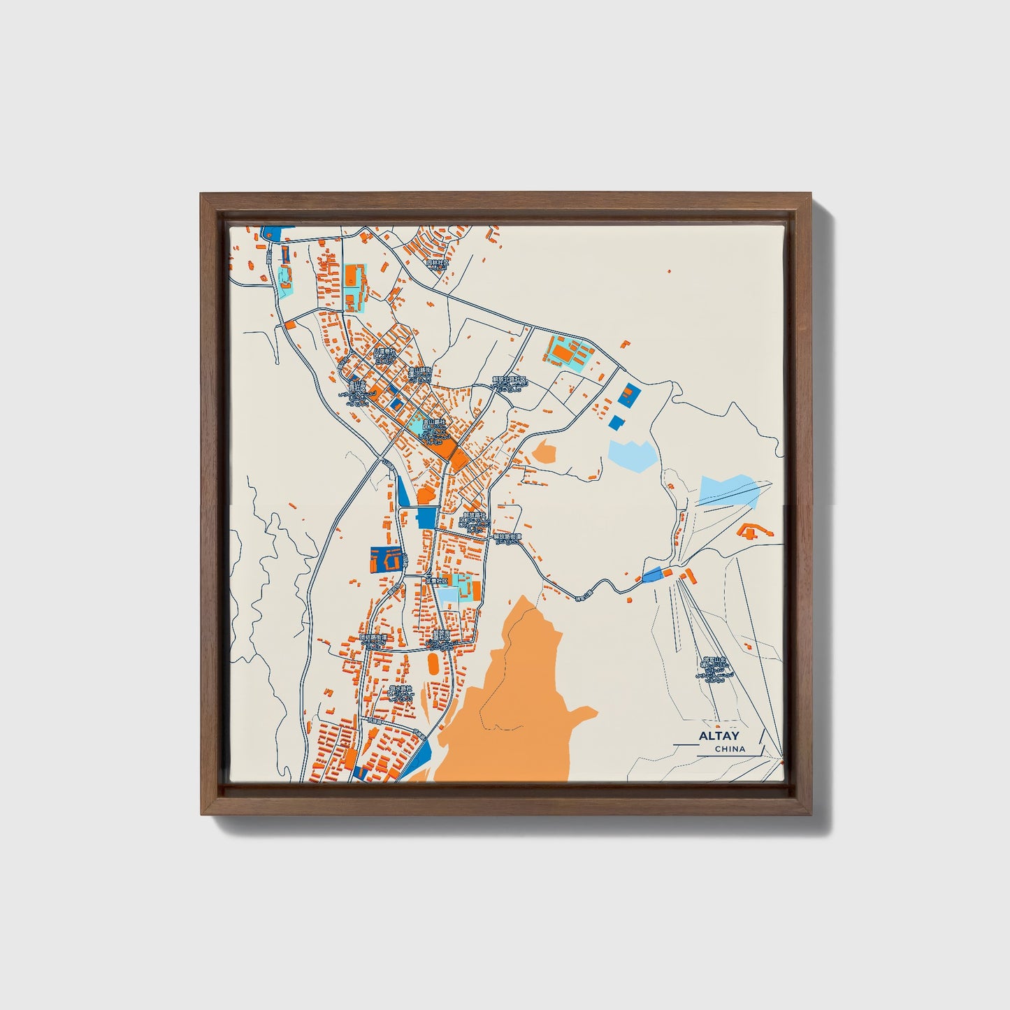 Altay China Colorful City Map Canvas Print • Dark Wooden Framed