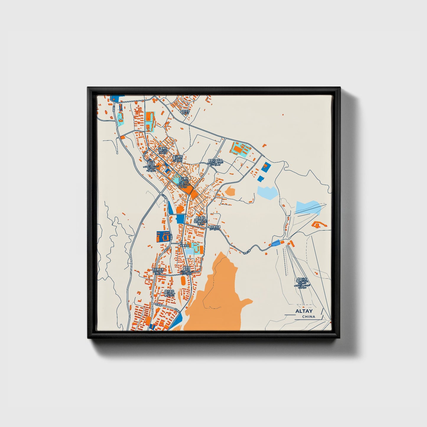 Altay China Colorful City Map Canvas Print • Black Framed