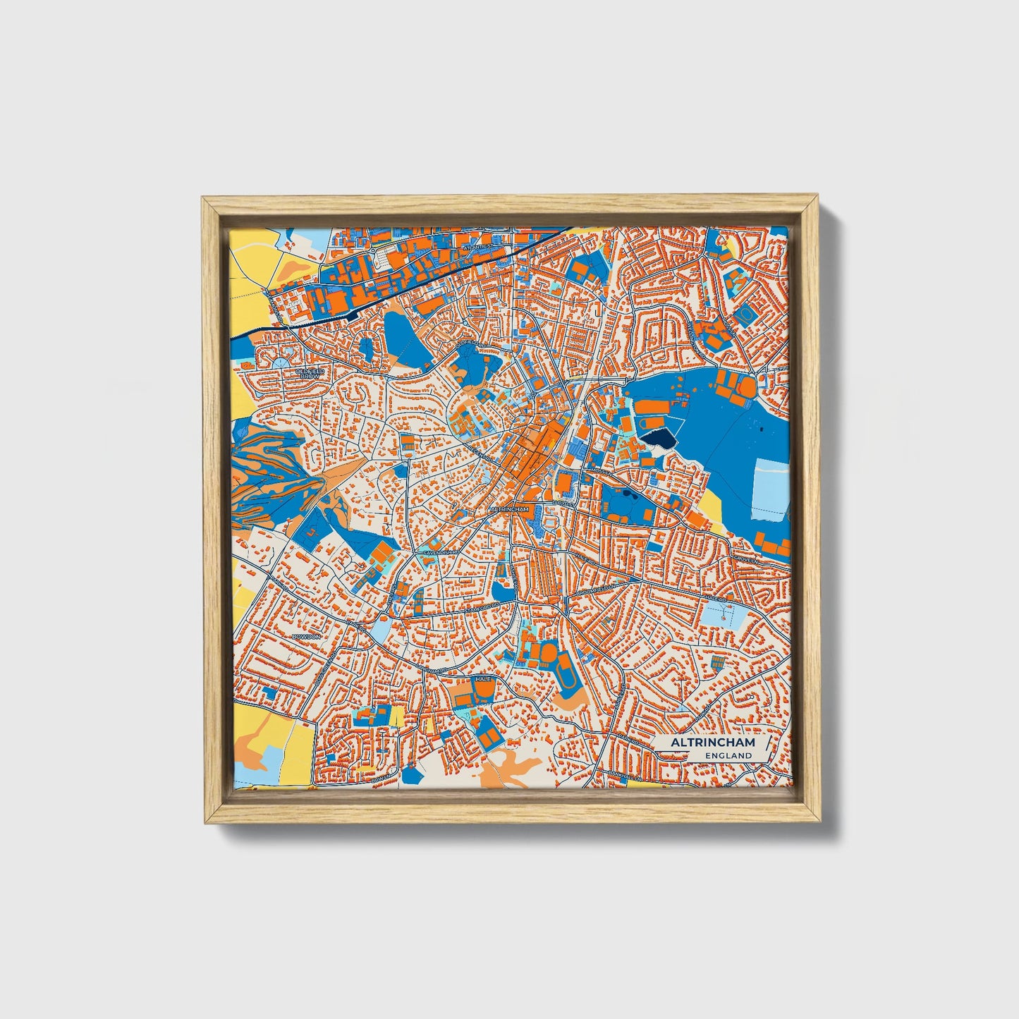 Altrincham England Colorful City Map Canvas Print • Natural Wooden Framed