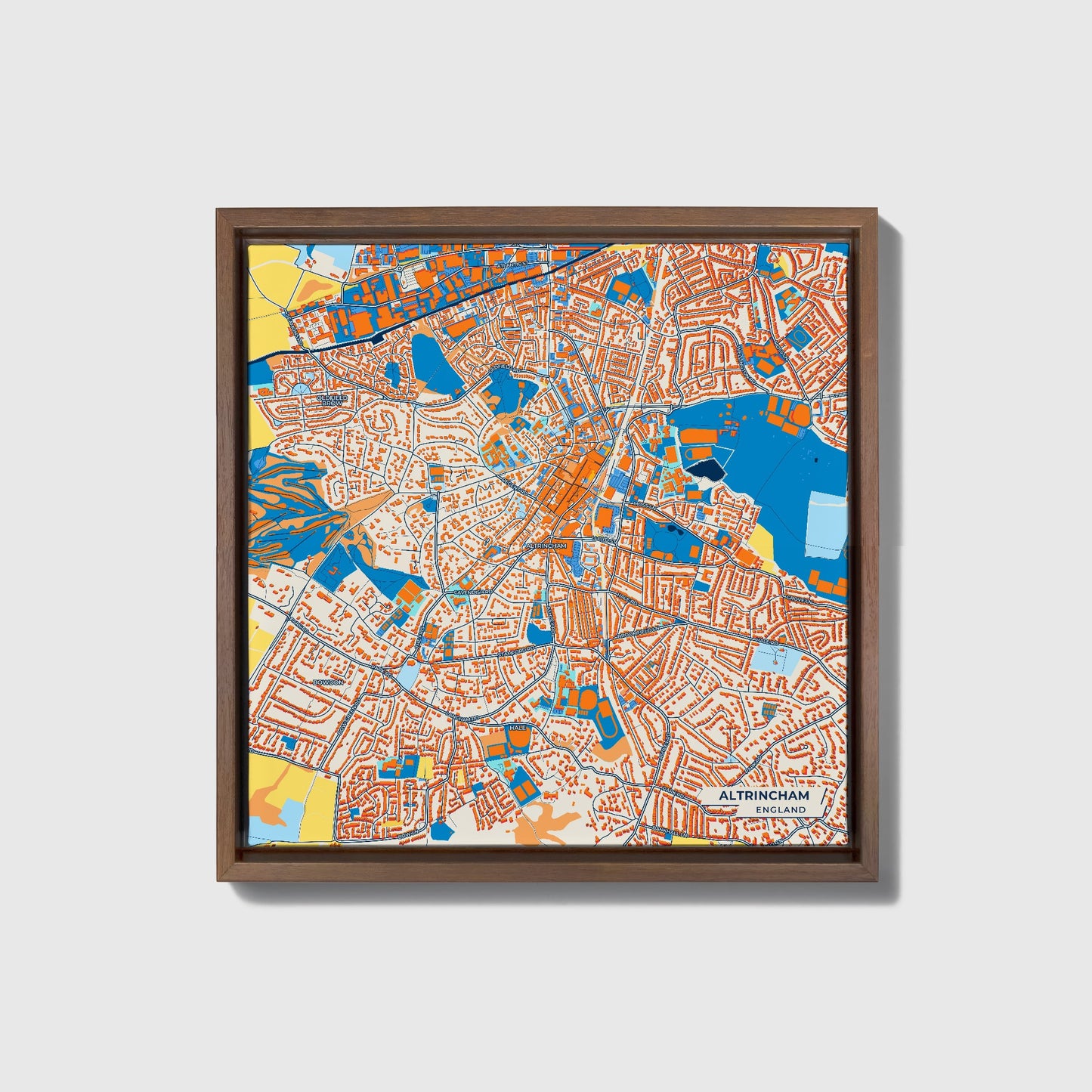 Altrincham England Colorful City Map Canvas Print • Dark Wooden Framed