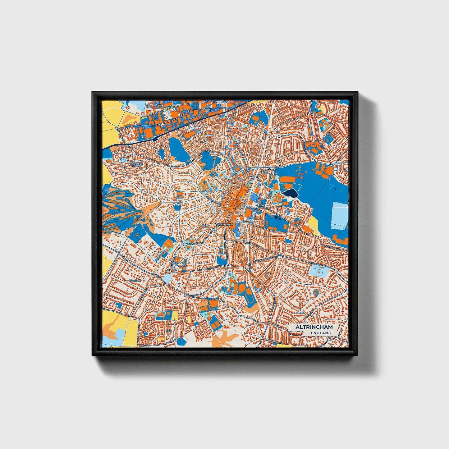 Altrincham England Colorful City Map Canvas Print • Black Framed
