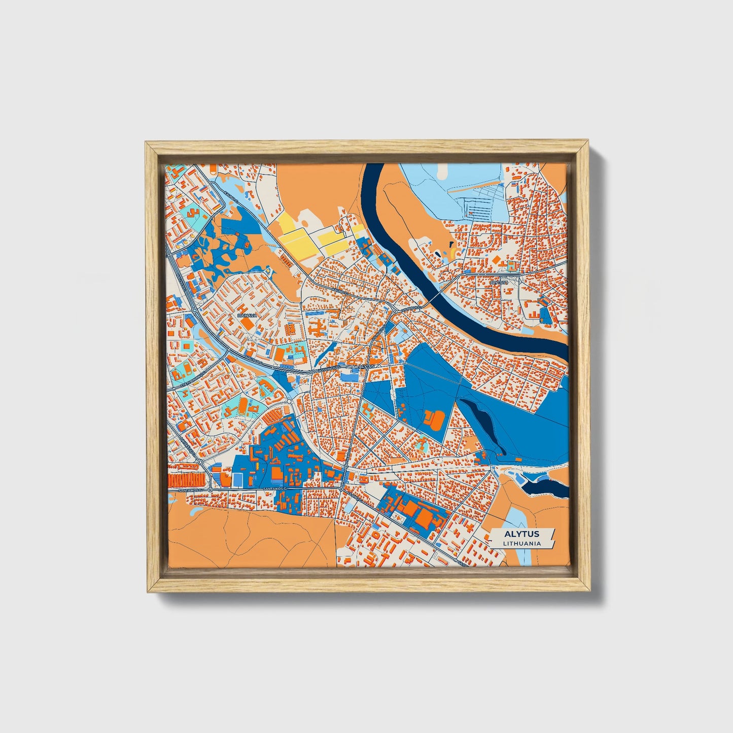 Alytus Lithuania Colorful City Map Canvas Print • Natural Wooden Framed