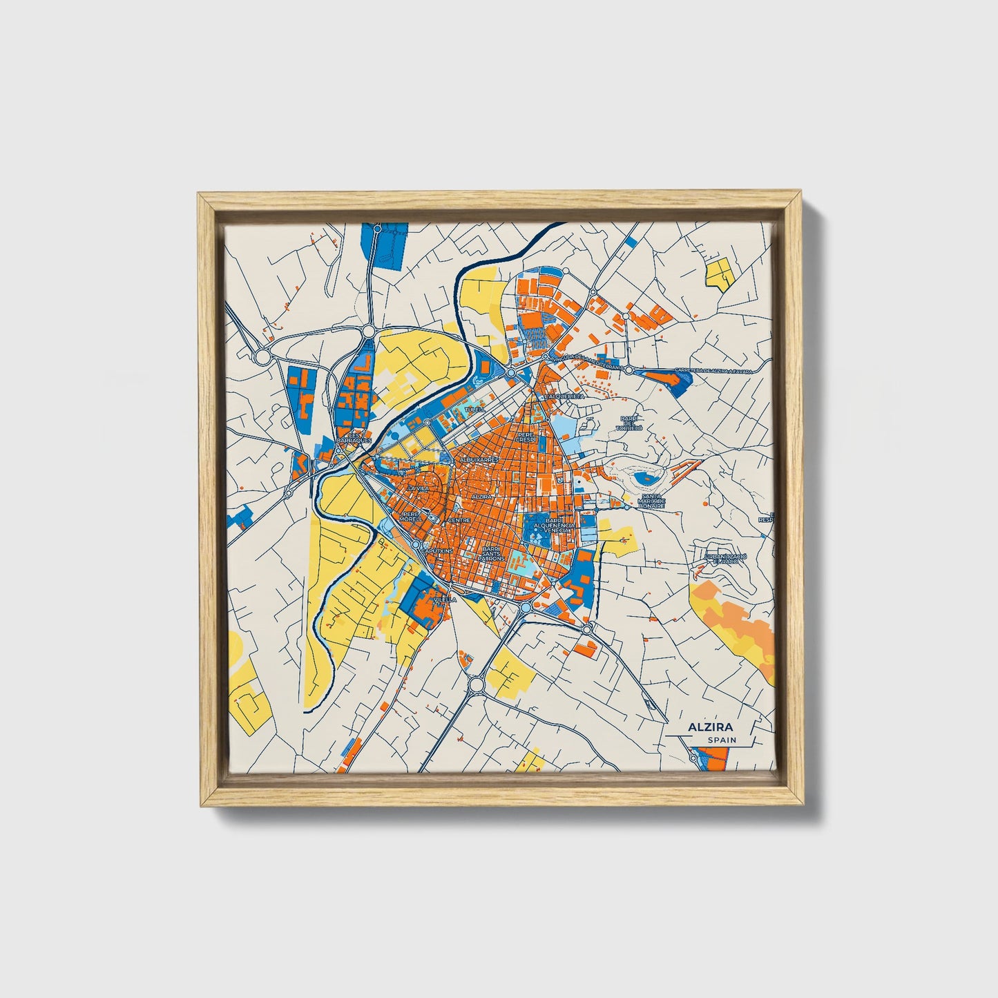 Alzira Spain Colorful City Map Canvas Print • Natural Wooden Framed