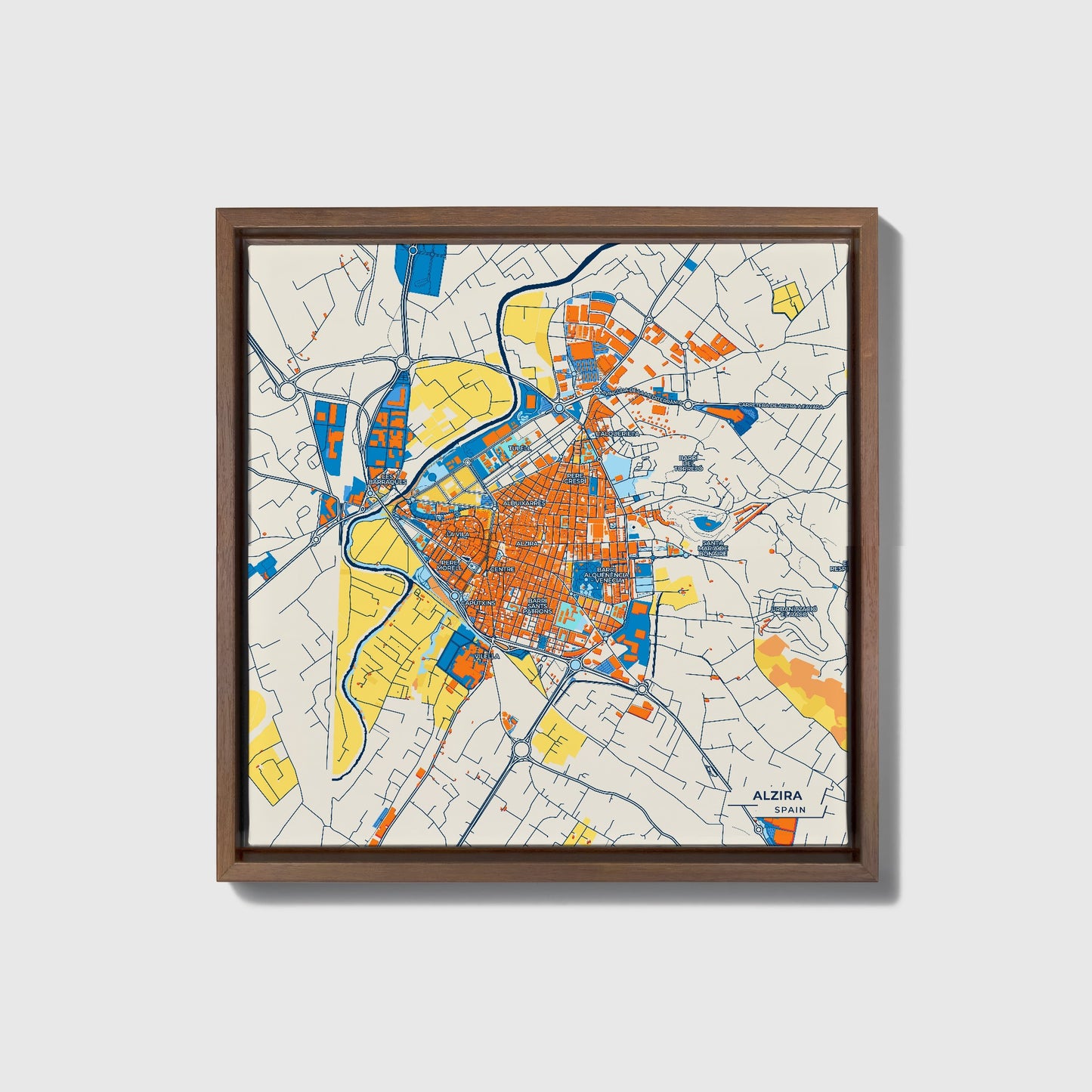 Alzira Spain Colorful City Map Canvas Print • Dark Wooden Framed