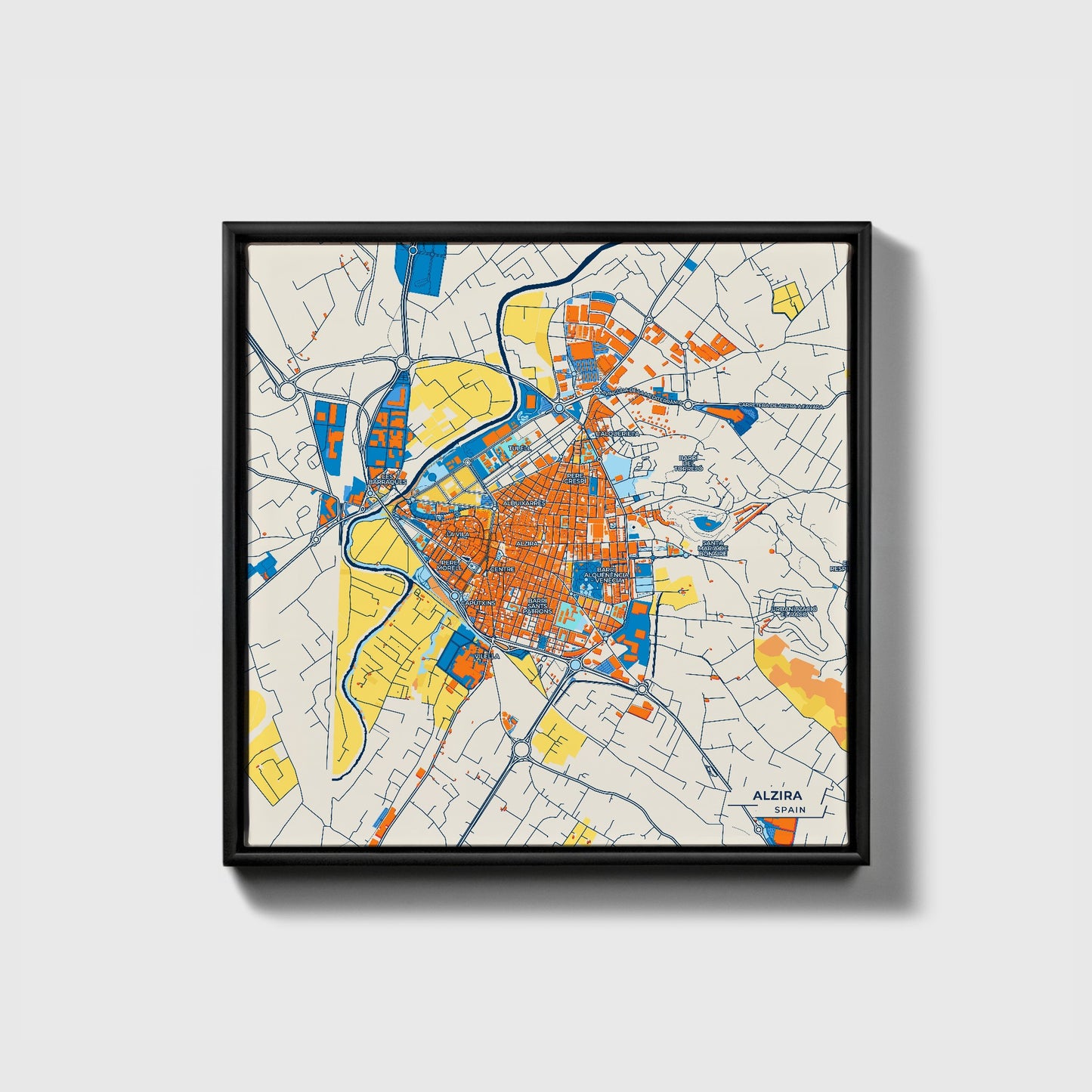 Alzira Spain Colorful City Map Canvas Print • Black Framed