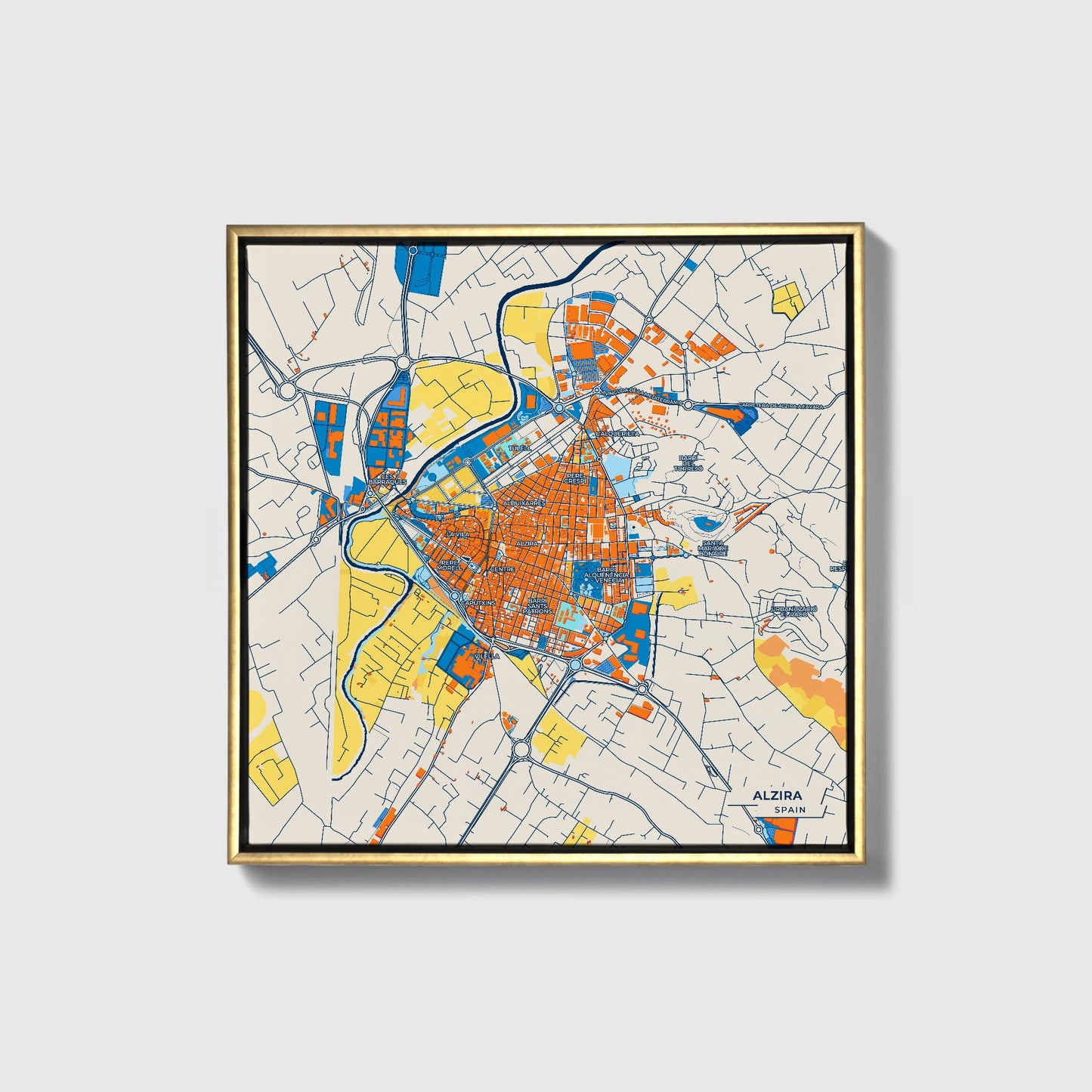 Alzira Spain Colorful City Map Canvas Print • Gold Framed