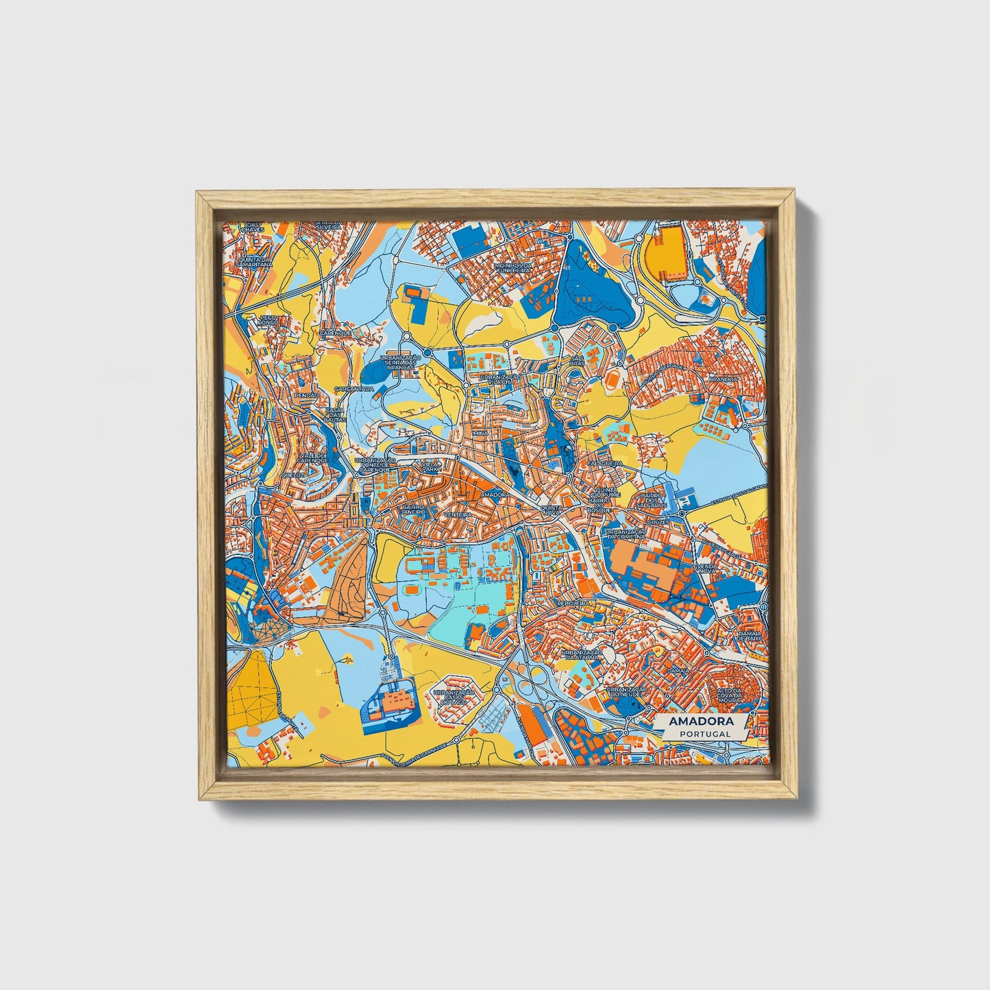 Amadora Portugal Colorful City Map Canvas Print • Natural Wooden Framed