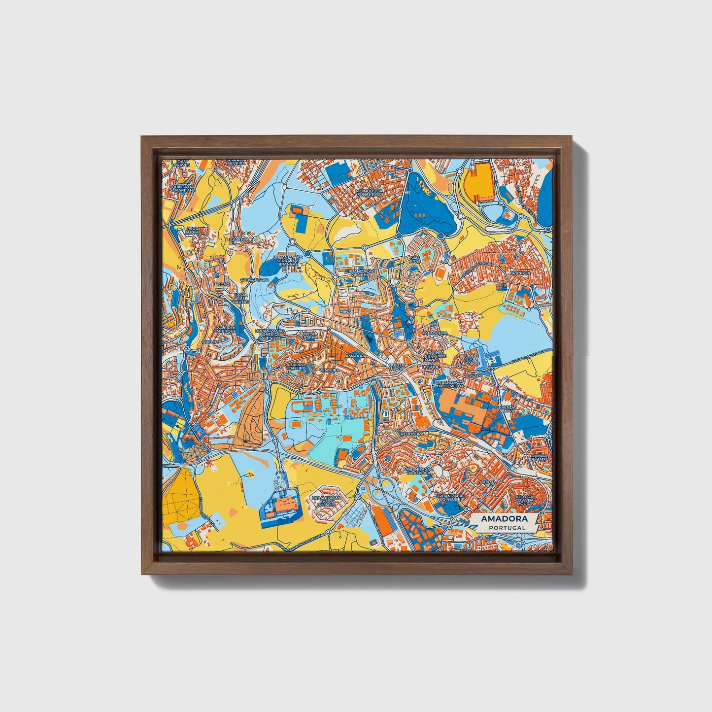Amadora Portugal Colorful City Map Canvas Print • Dark Wooden Framed
