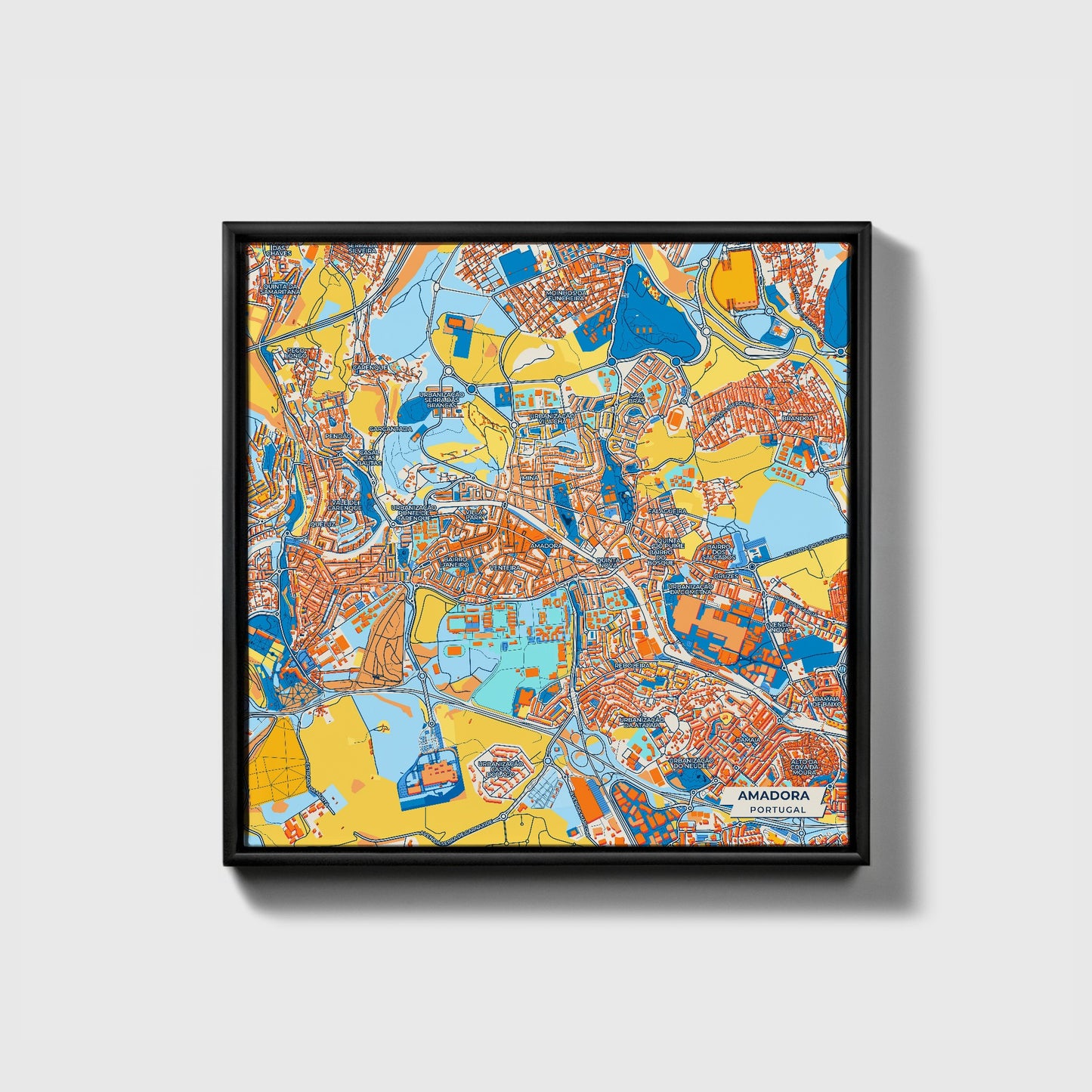 Amadora Portugal Colorful City Map Canvas Print • Black Framed