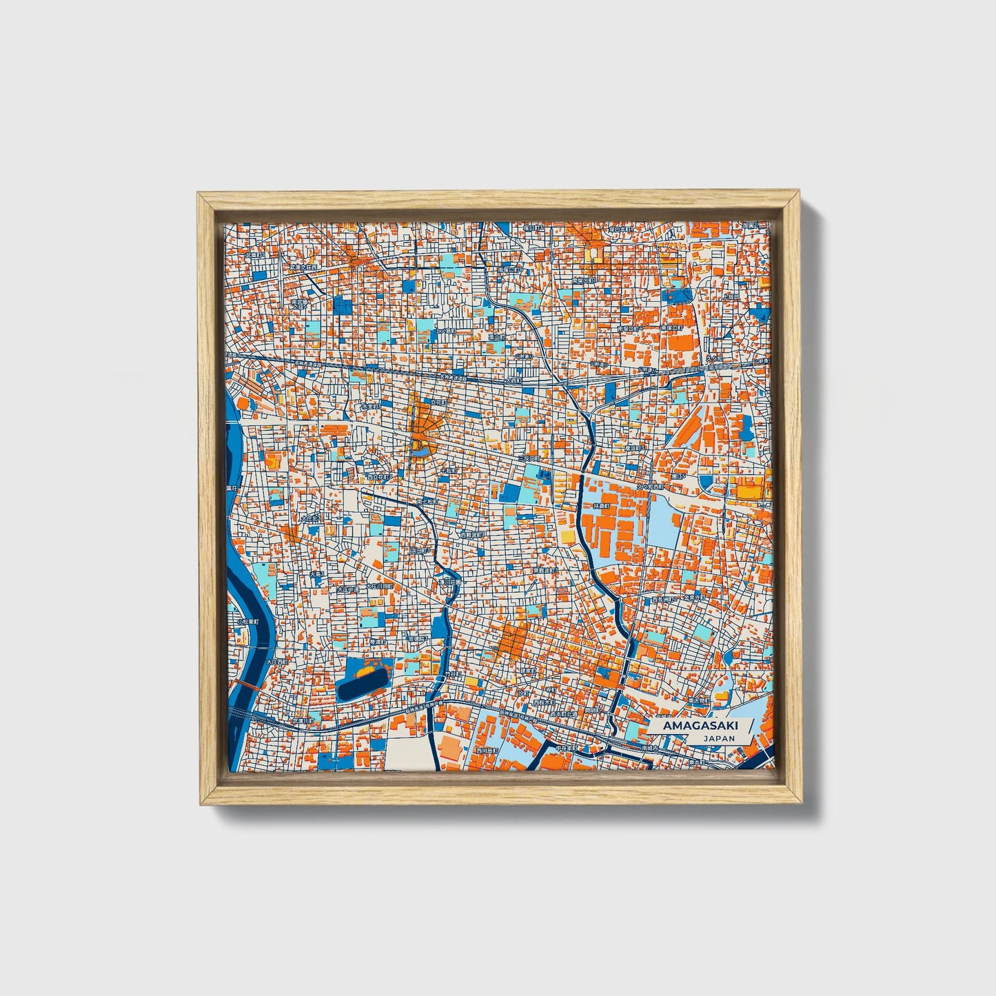 Amagasaki Japan Colorful City Map Canvas Print • Natural Wooden Framed
