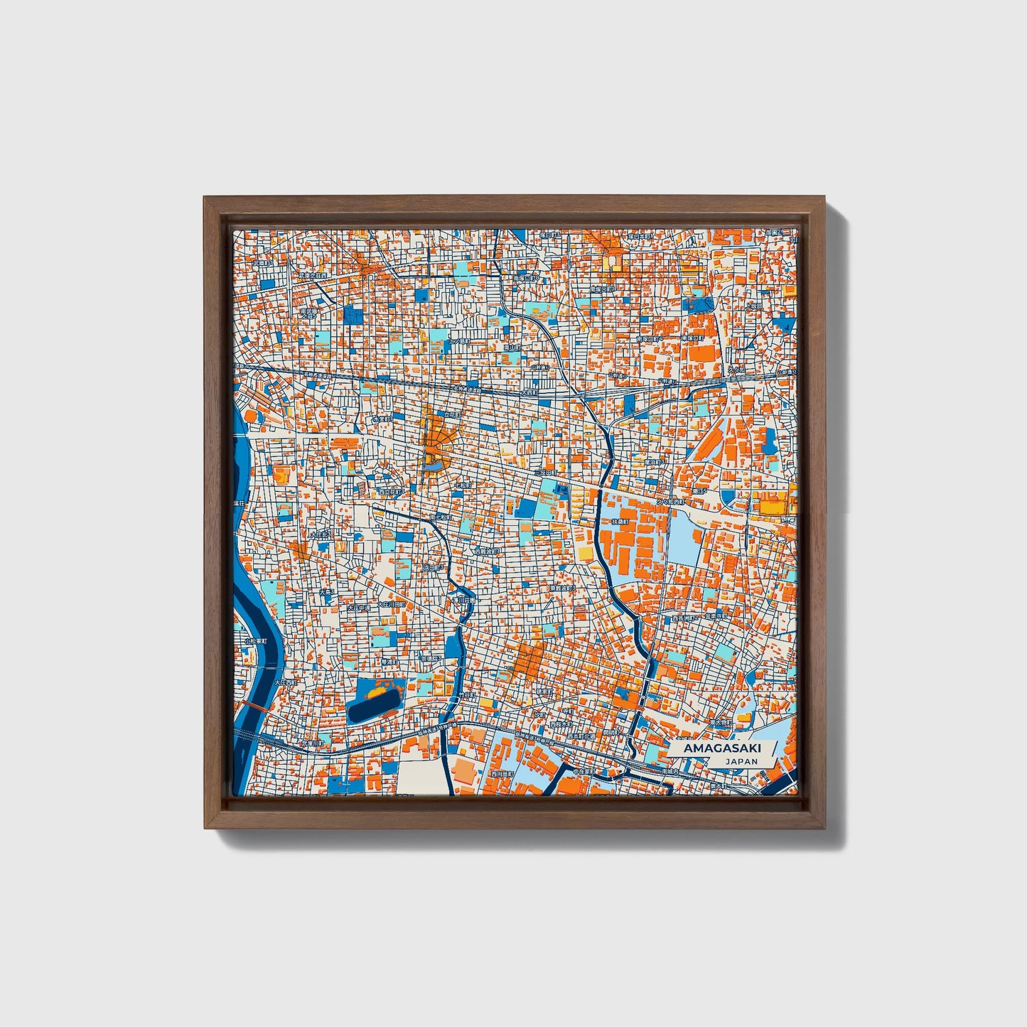Amagasaki Japan Colorful City Map Canvas Print • Dark Wooden Framed