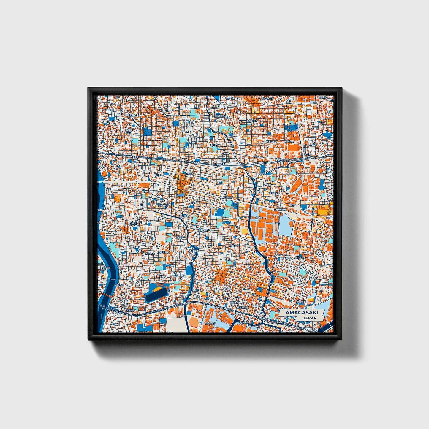 Amagasaki Japan Colorful City Map Canvas Print • Black Framed