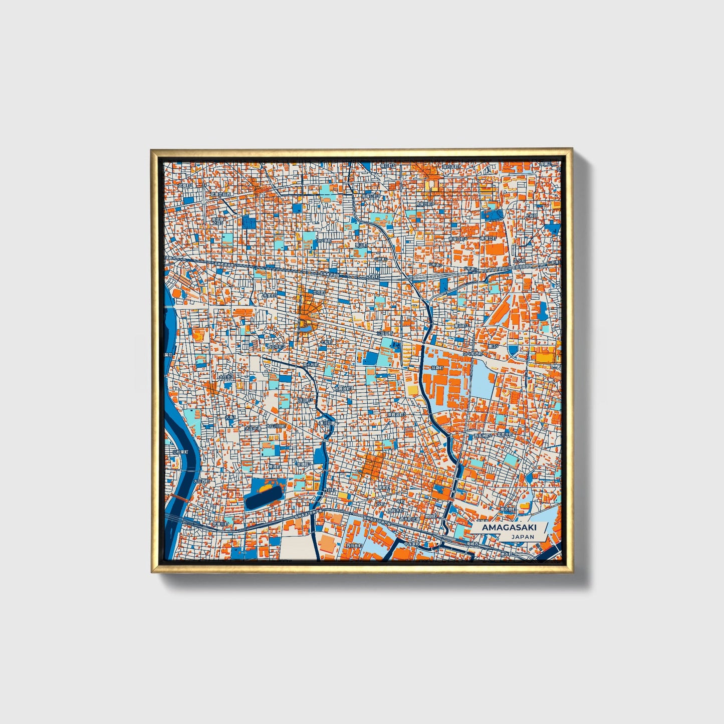 Amagasaki Japan Colorful City Map Canvas Print • Gold Framed