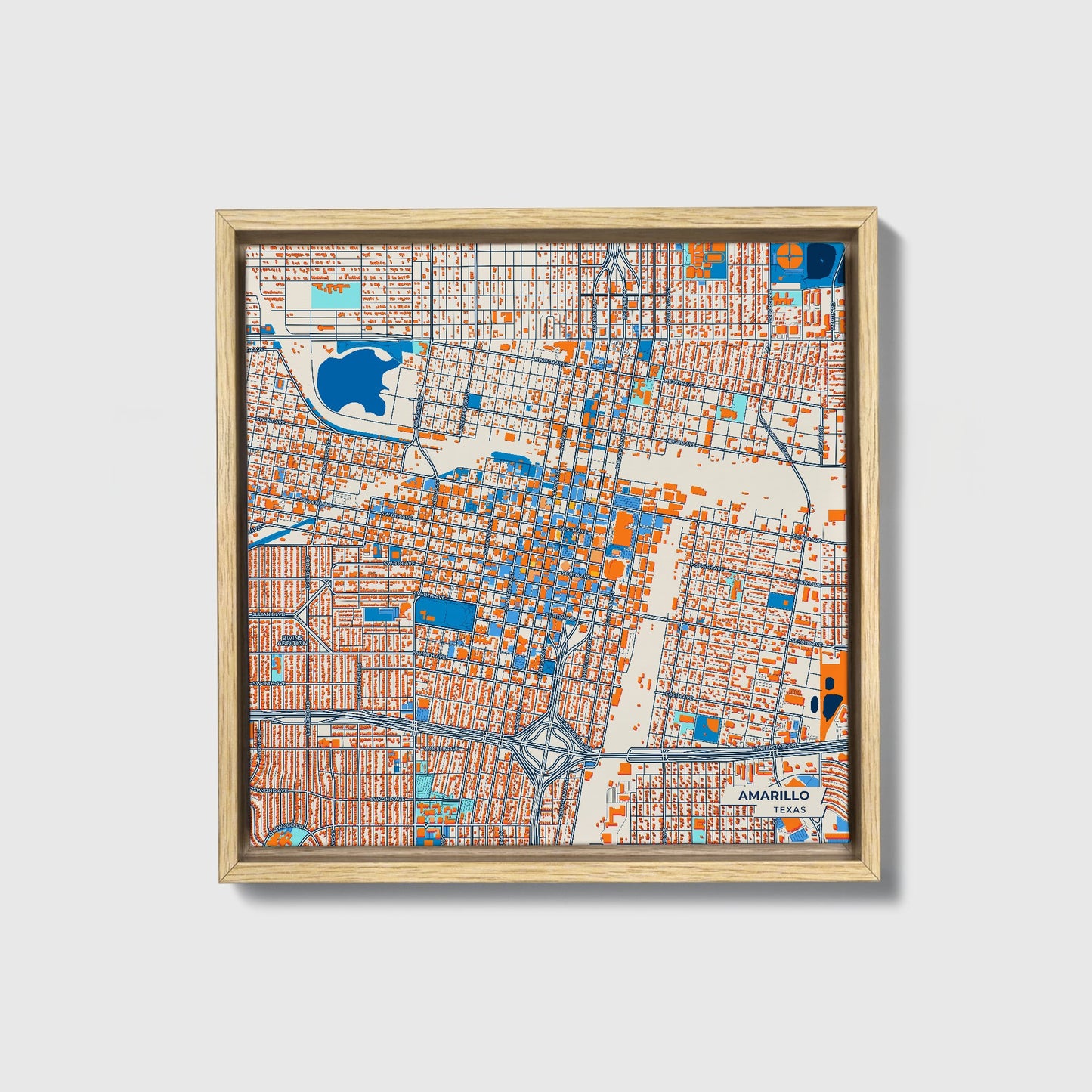 Amarillo Texas Colorful City Map Canvas Print • Natural Wooden Framed