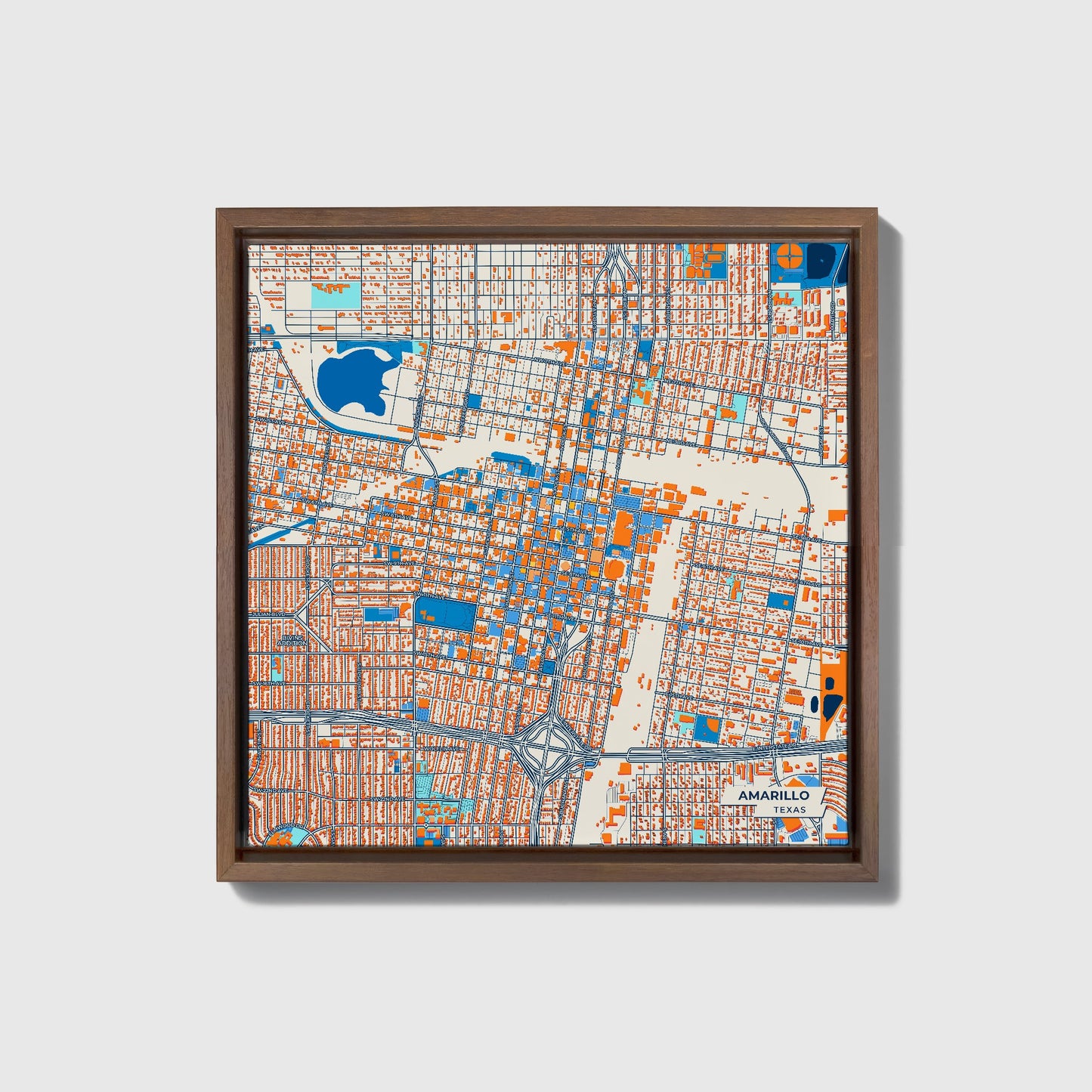 Amarillo Texas Colorful City Map Canvas Print • Dark Wooden Framed
