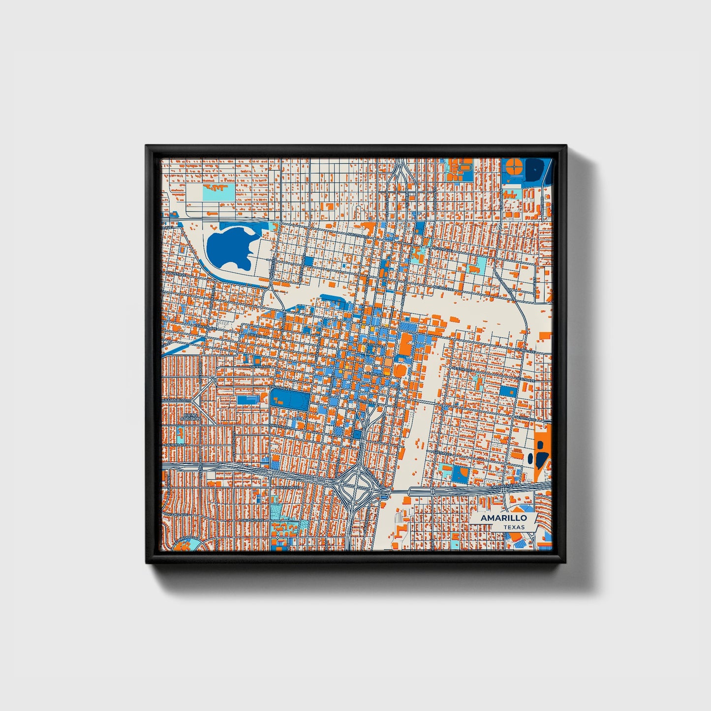 Amarillo Texas Colorful City Map Canvas Print • Black Framed