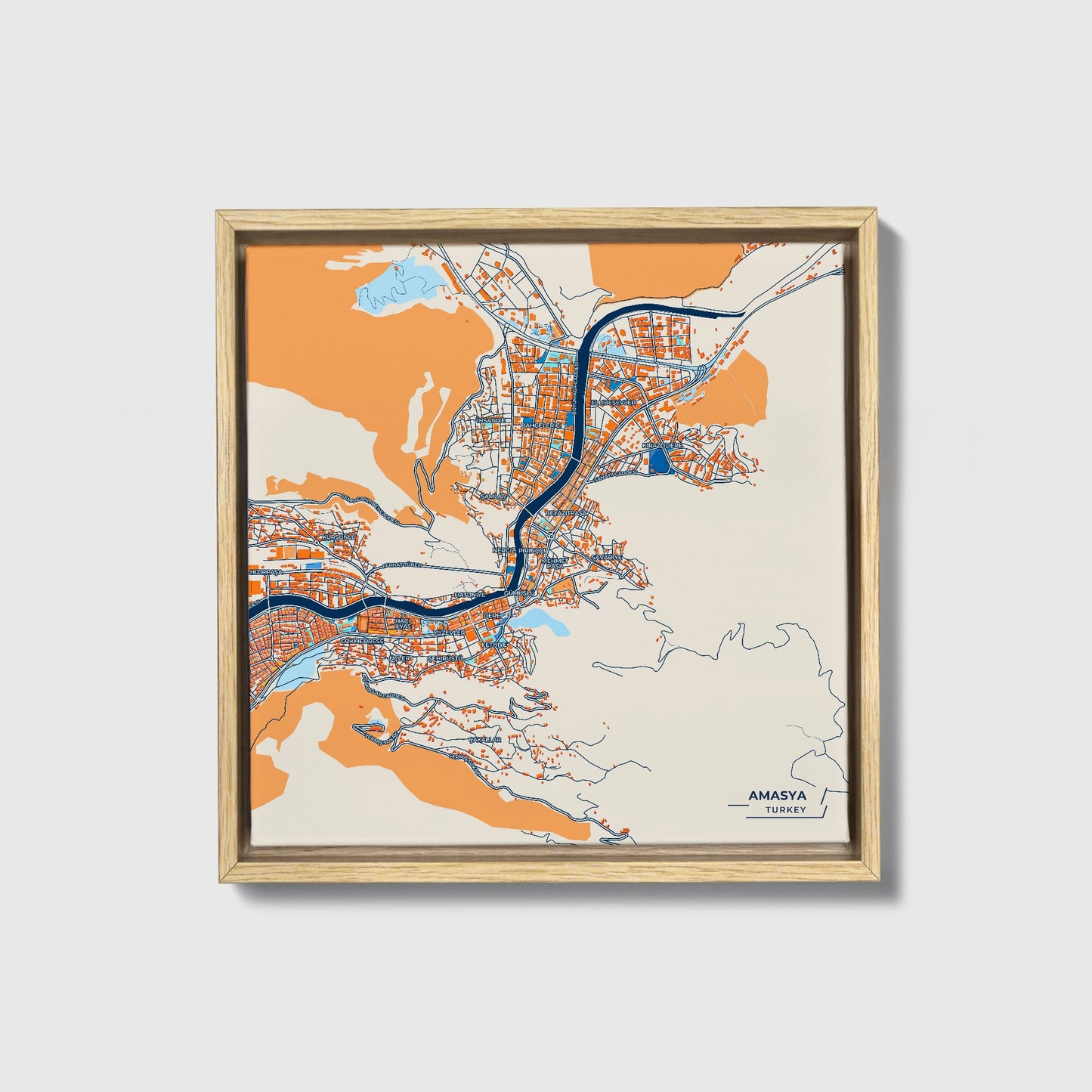 Amasya Turkey Colorful City Map Canvas Print • Natural Wooden Framed