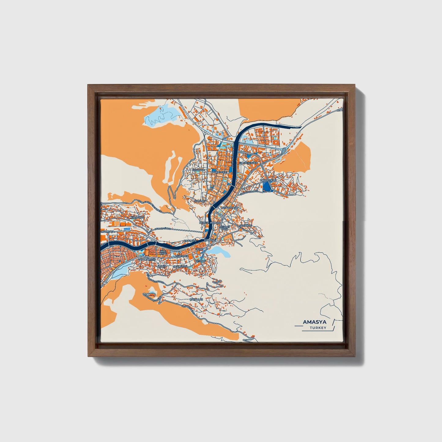 Amasya Turkey Colorful City Map Canvas Print • Dark Wooden Framed