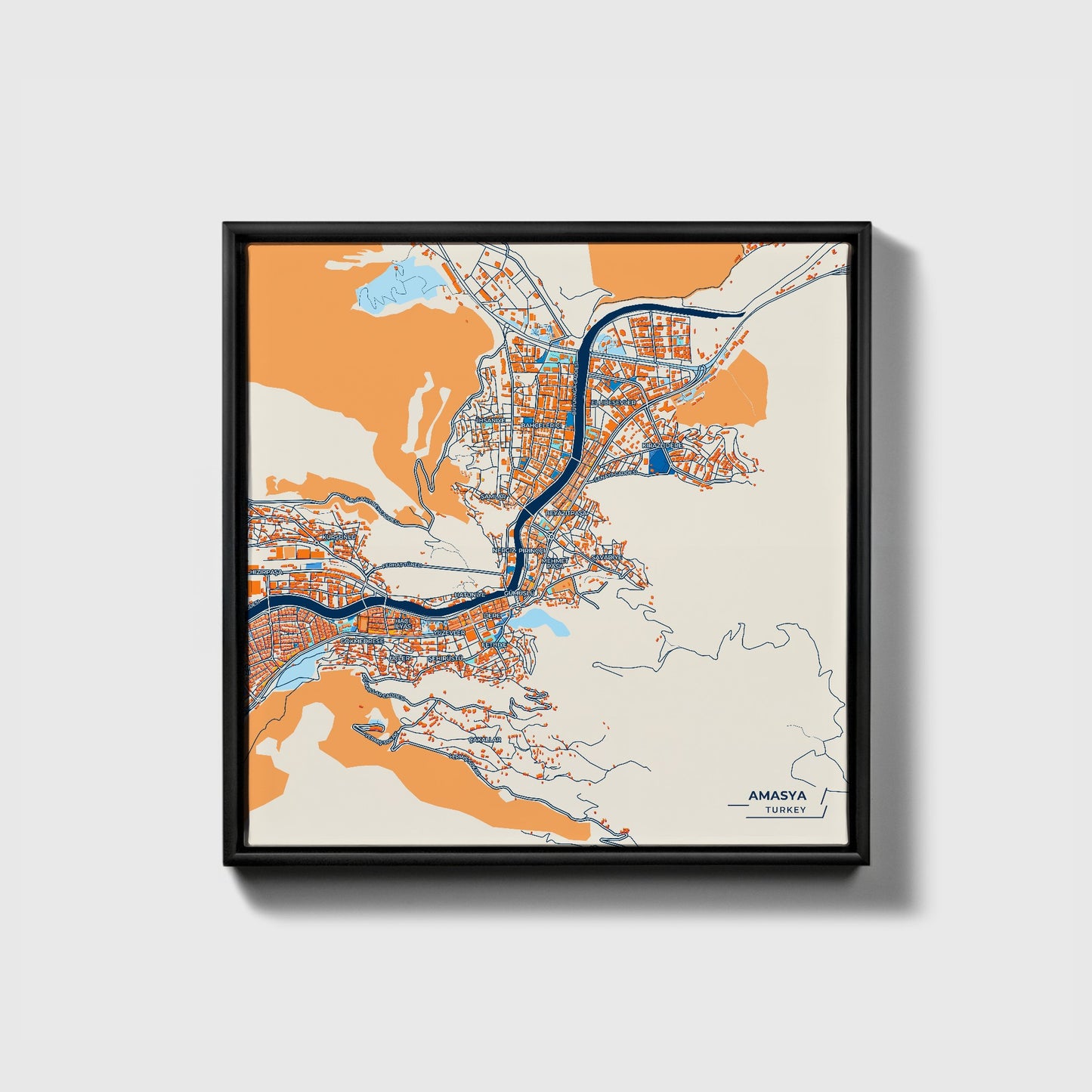 Amasya Turkey Colorful City Map Canvas Print • Black Framed