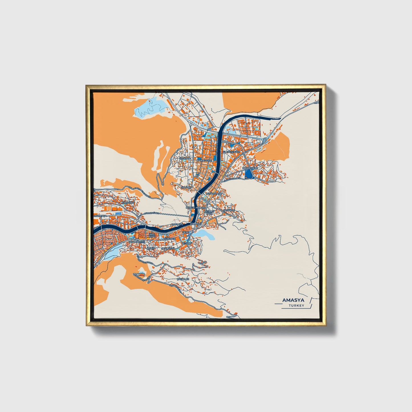 Amasya Turkey Colorful City Map Canvas Print • Gold Framed