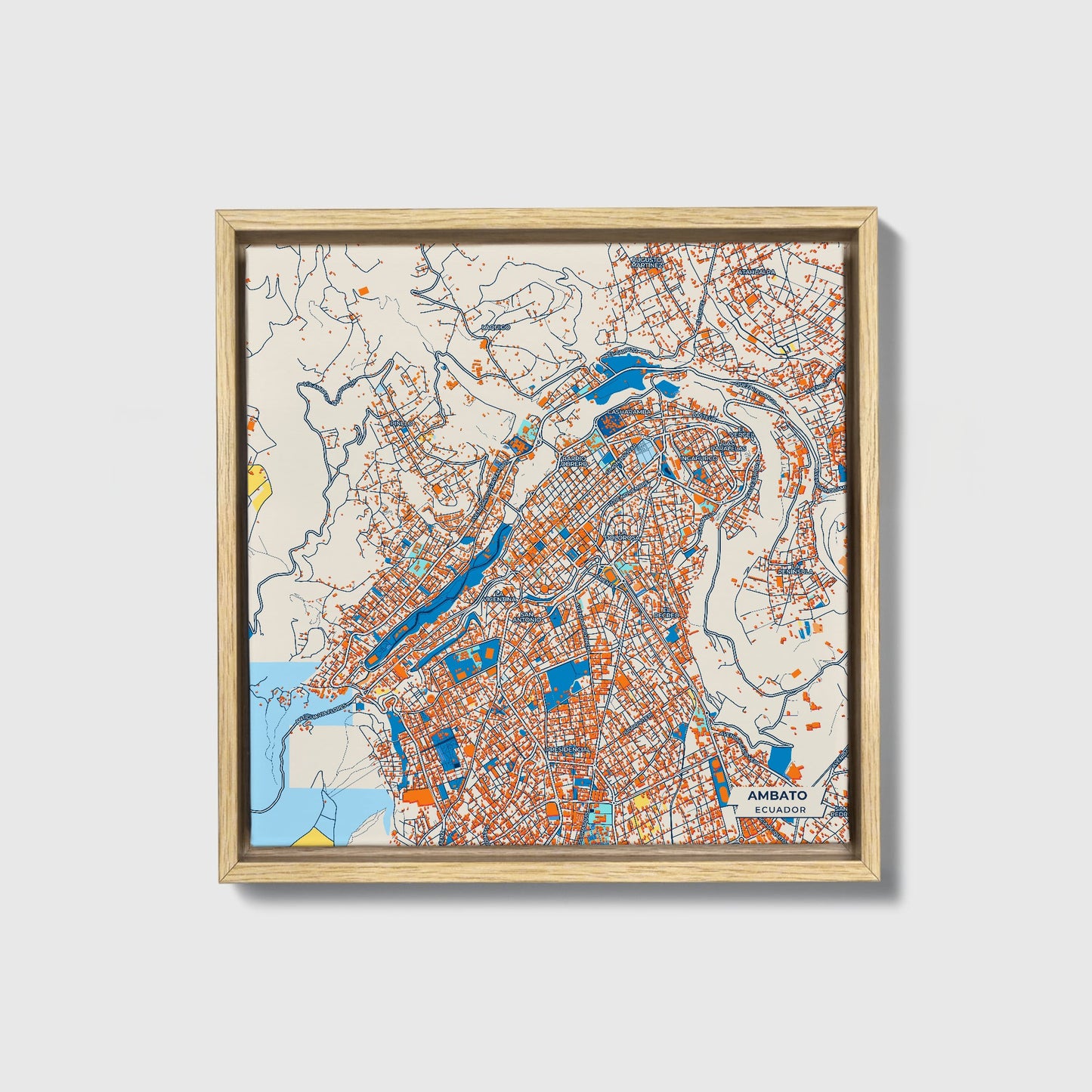 Ambato Ecuador Colorful City Map Canvas Print • Natural Wooden Framed