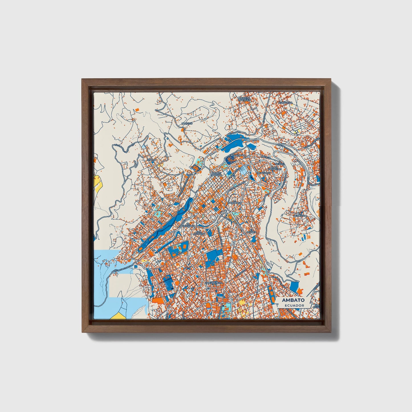 Ambato Ecuador Colorful City Map Canvas Print • Dark Wooden Framed