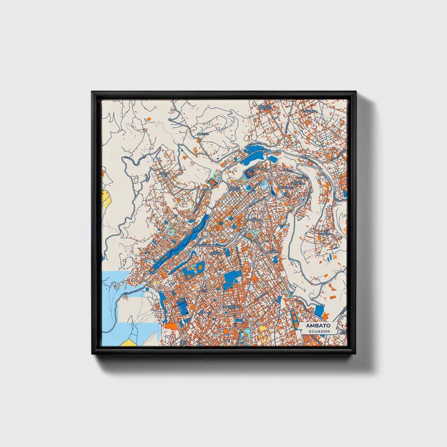 Ambato Ecuador Colorful City Map Canvas Print • Black Framed