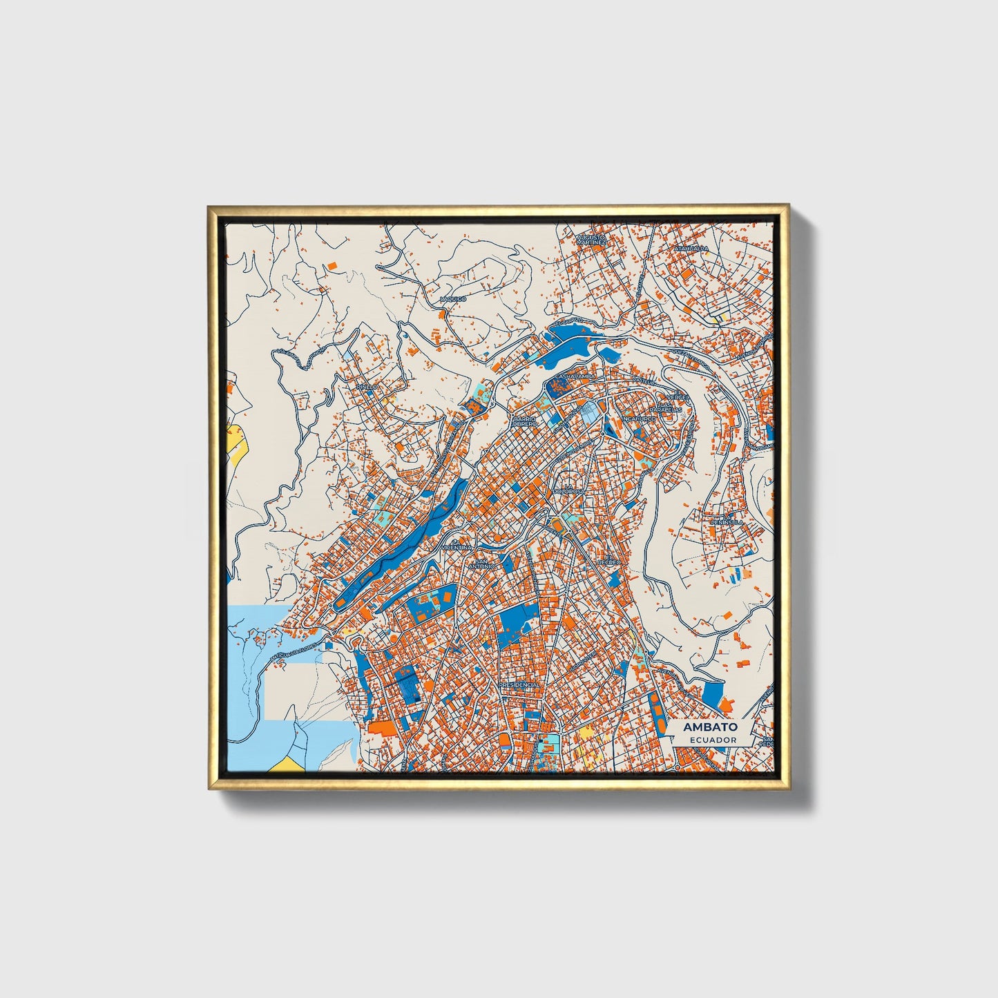 Ambato Ecuador Colorful City Map Canvas Print • Gold Framed
