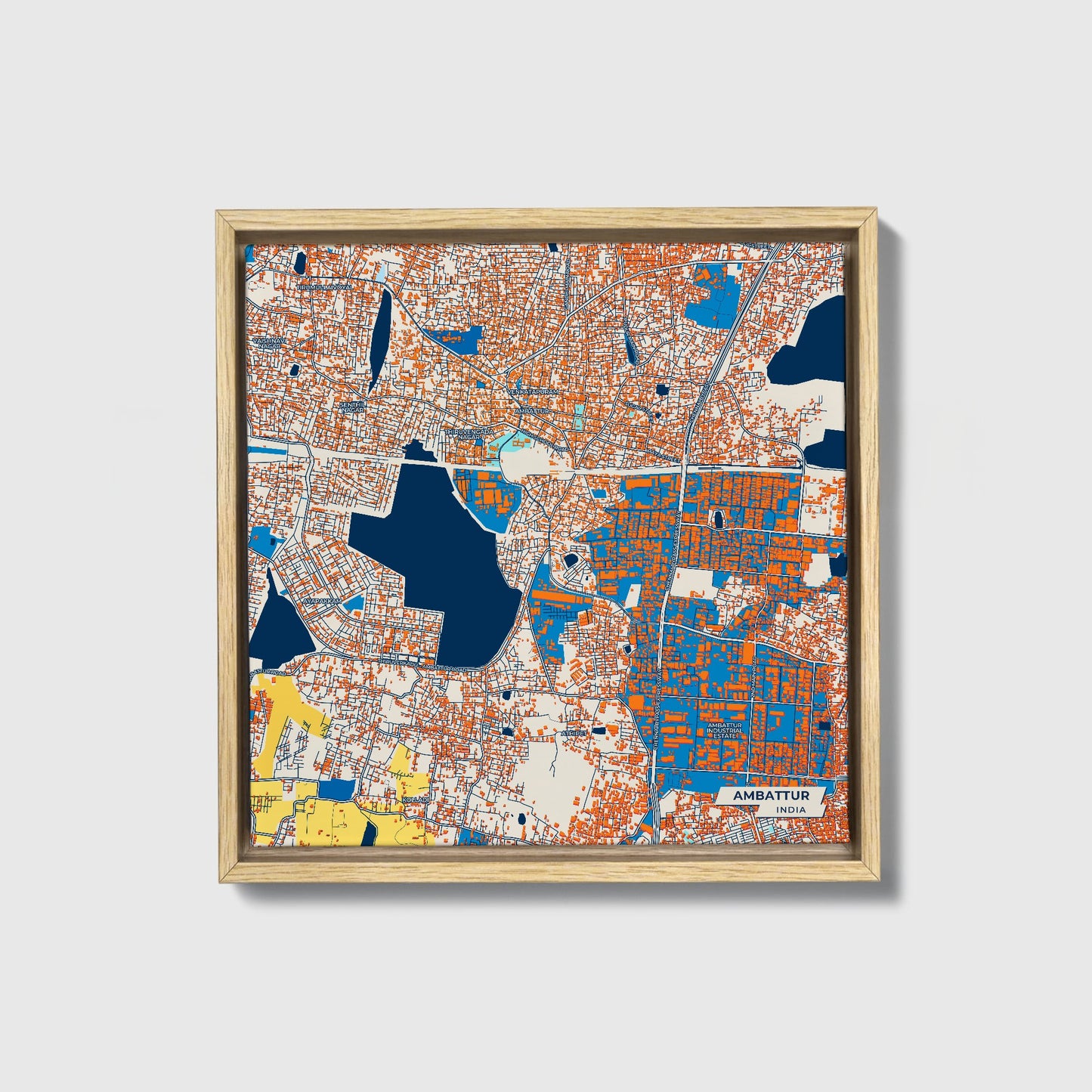 Ambattur India Colorful City Map Canvas Print • Natural Wooden Framed