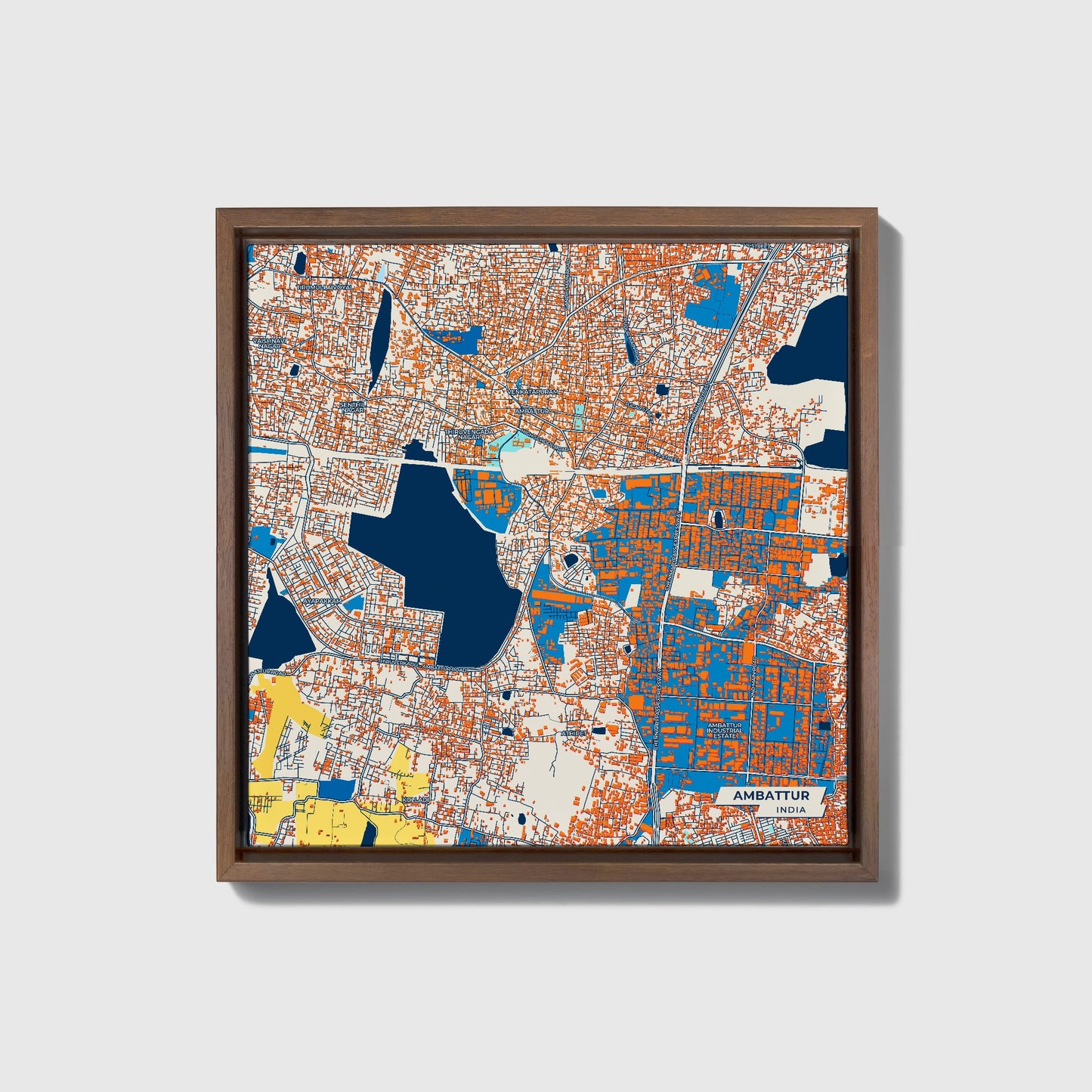 Ambattur India Colorful City Map Canvas Print • Dark Wooden Framed