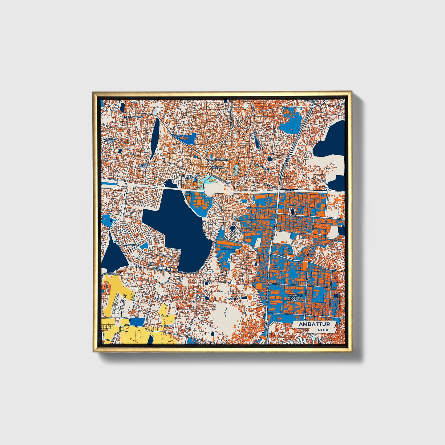 Ambattur India Colorful City Map Canvas Print • Gold Framed