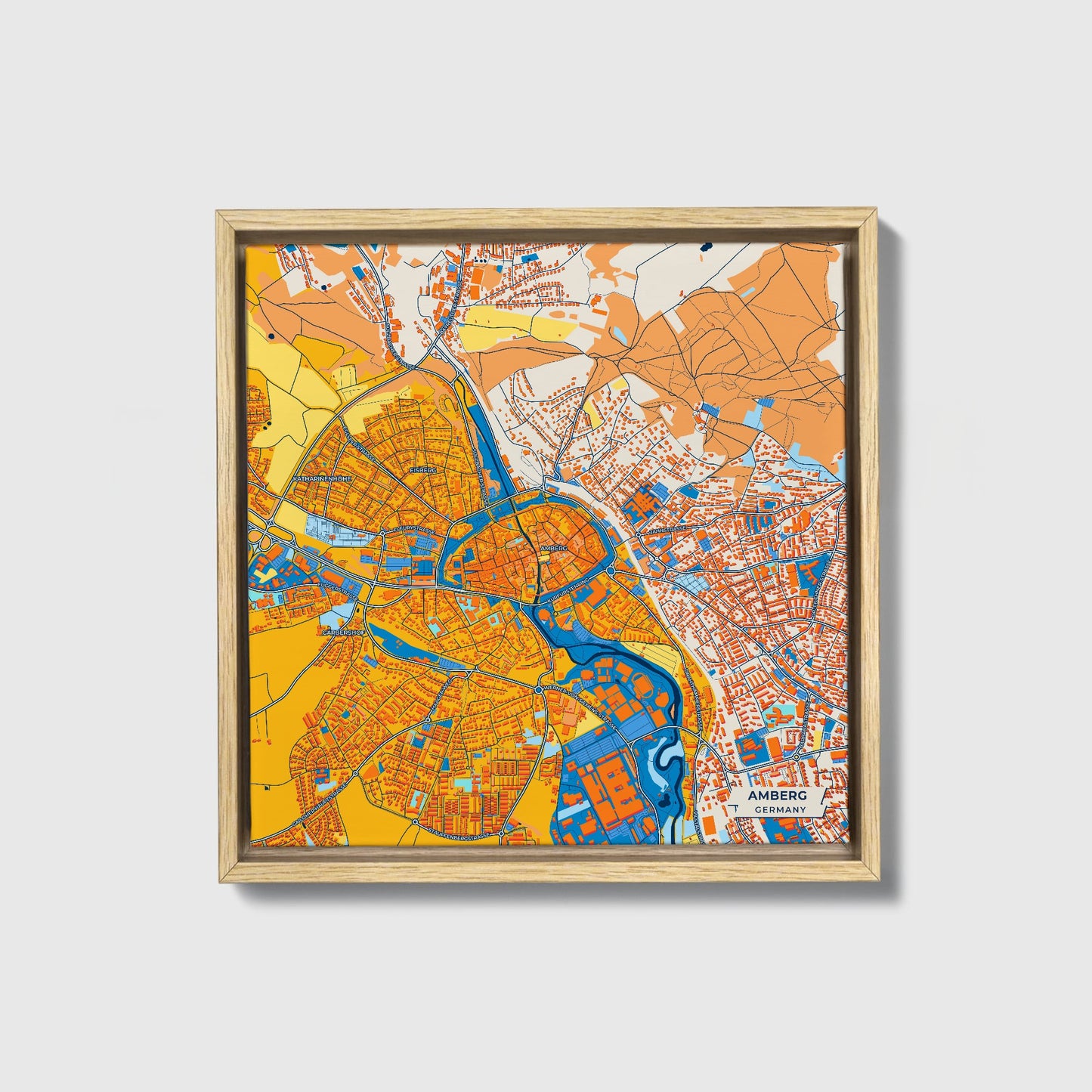 Amberg Germany Colorful City Map Canvas Print • Natural Wooden Framed