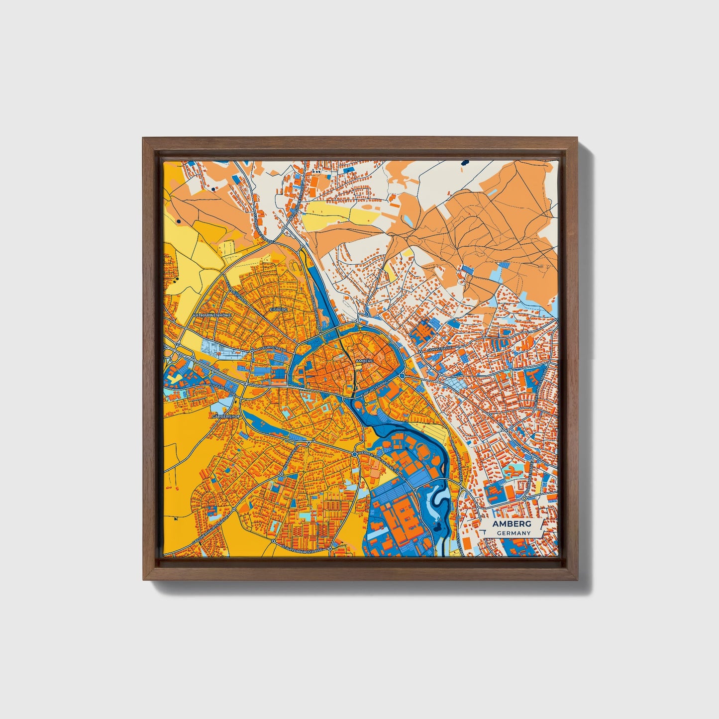 Amberg Germany Colorful City Map Canvas Print • Dark Wooden Framed