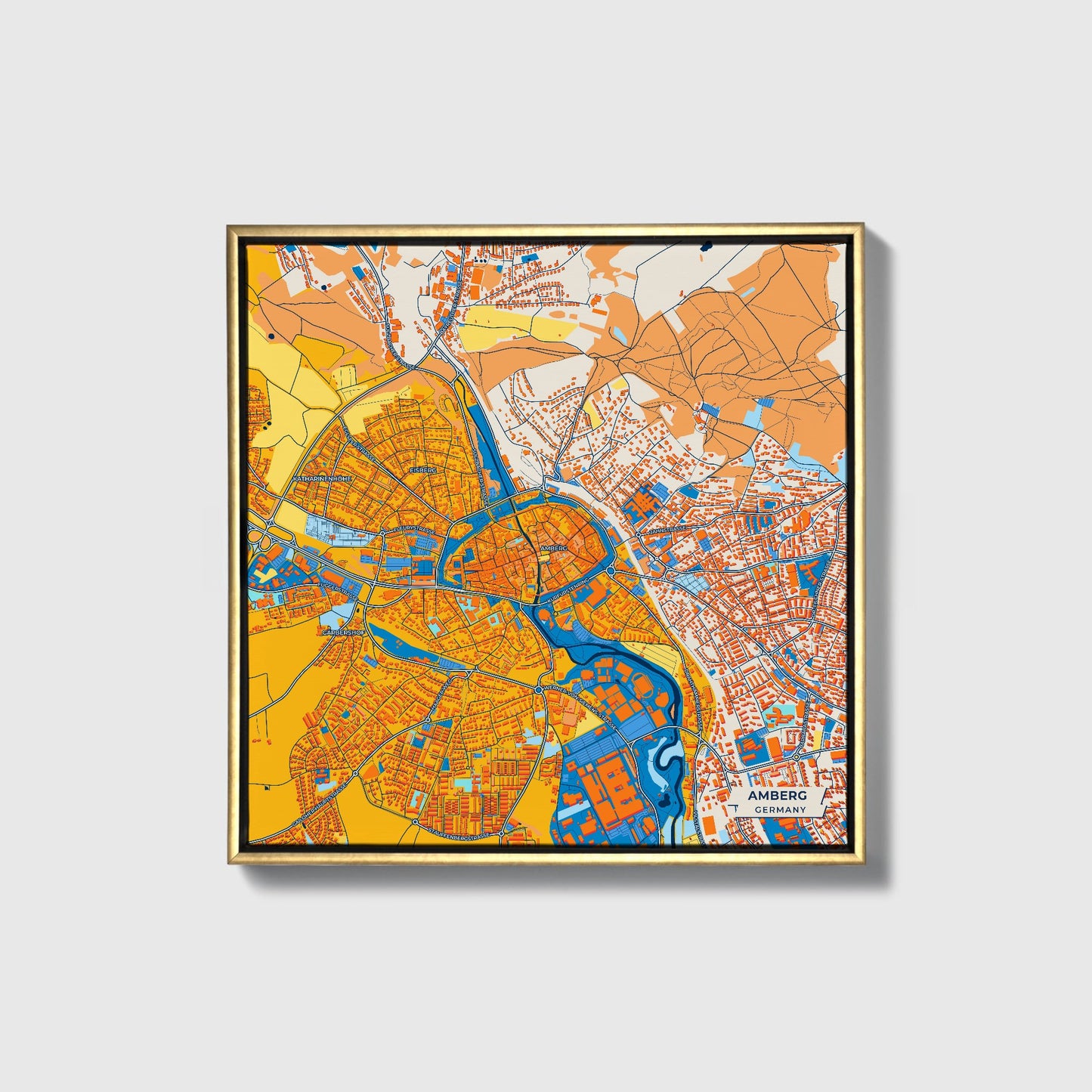Amberg Germany Colorful City Map Canvas Print • Gold Framed