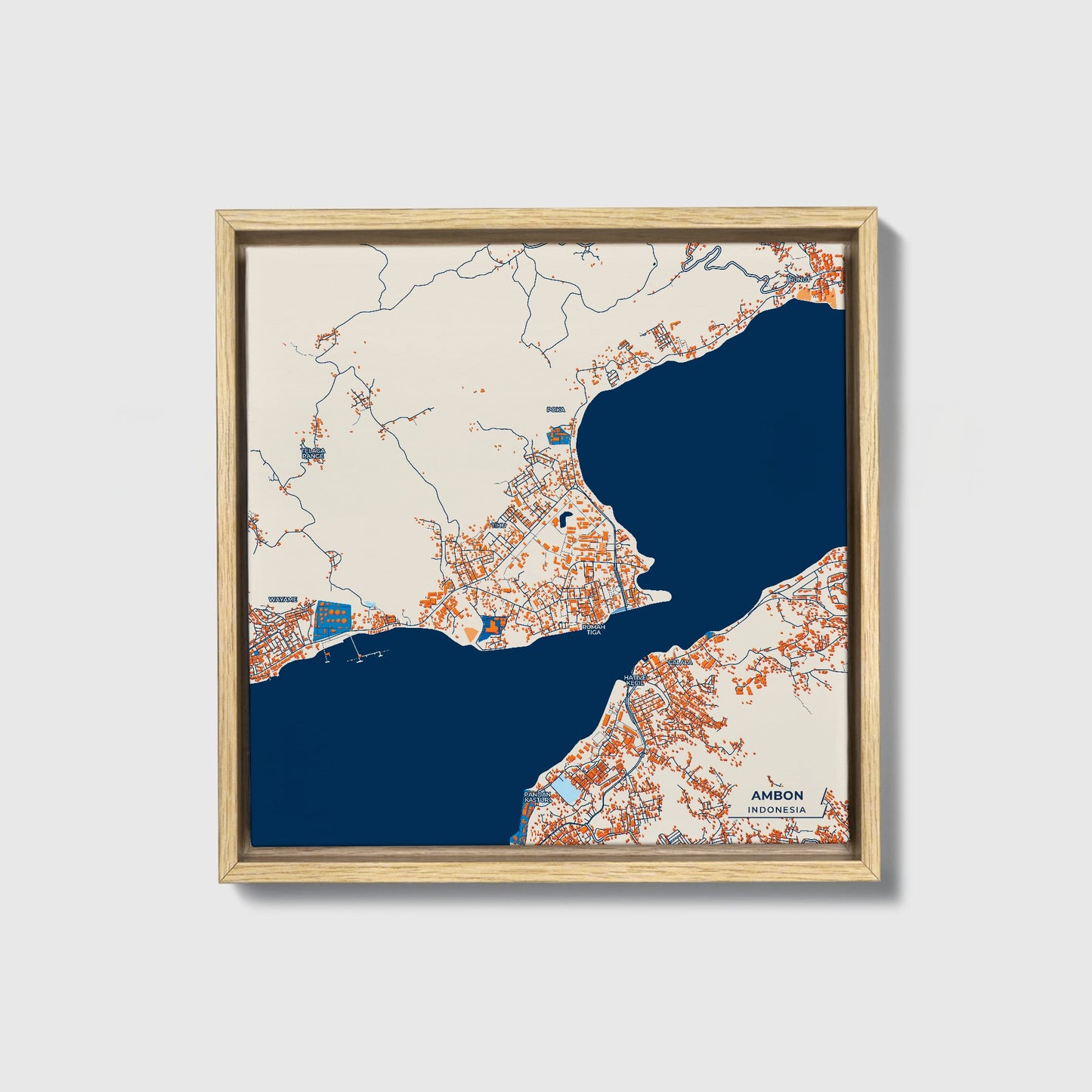 Ambon Indonesia Colorful City Map Canvas Print • Natural Wooden Framed