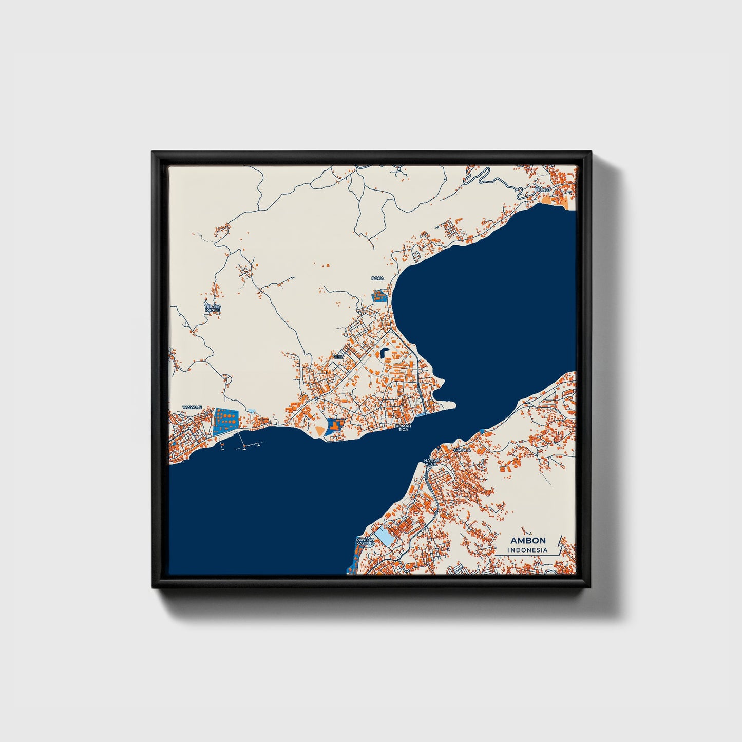 Ambon Indonesia Colorful City Map Canvas Print • Black Framed