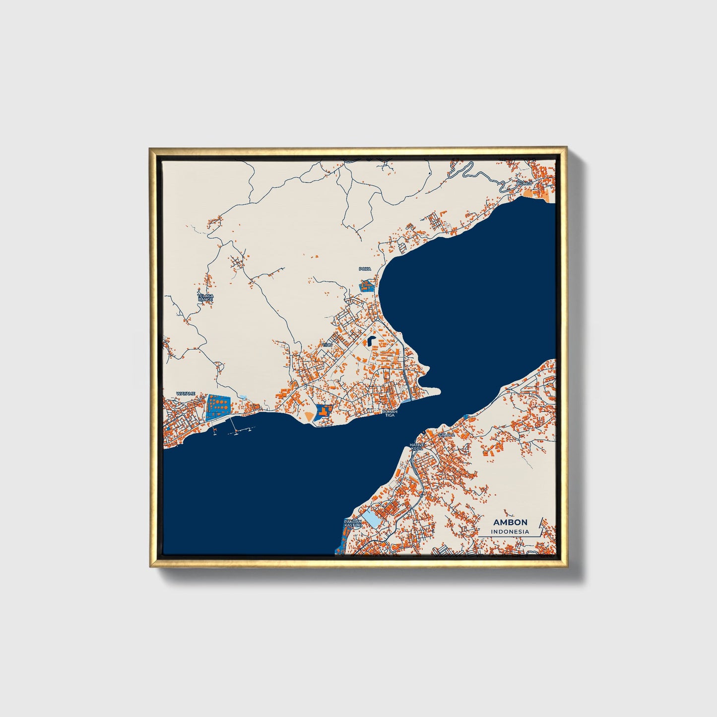 Ambon Indonesia Colorful City Map Canvas Print • Gold Framed