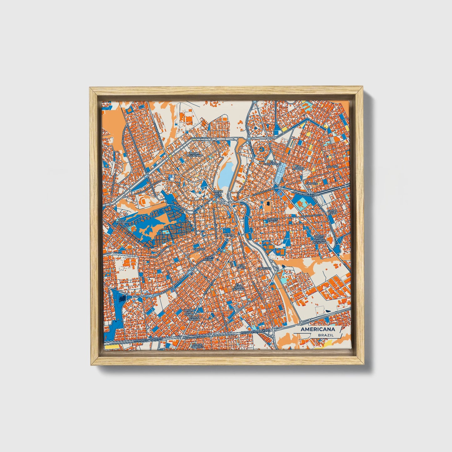 Americana Brazil Colorful City Map Canvas Print • Natural Wooden Framed