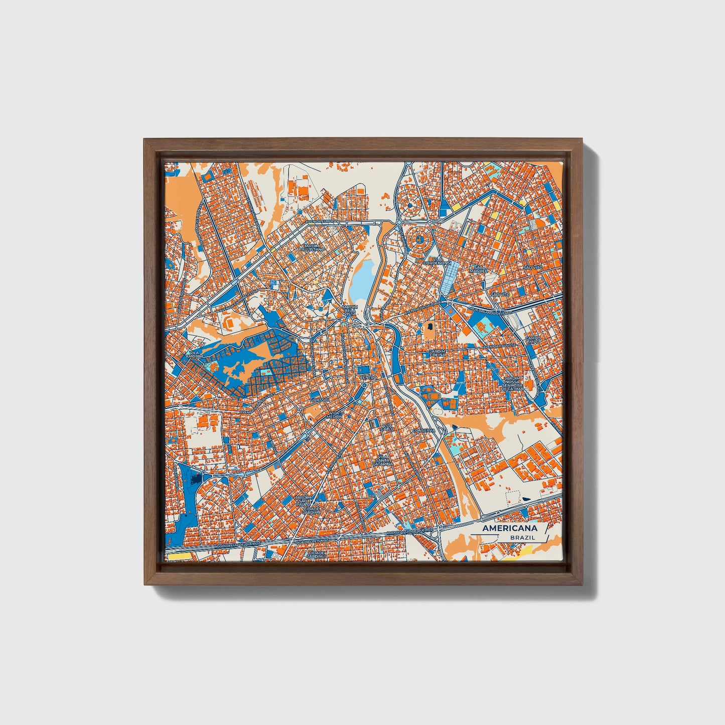 Americana Brazil Colorful City Map Canvas Print • Dark Wooden Framed