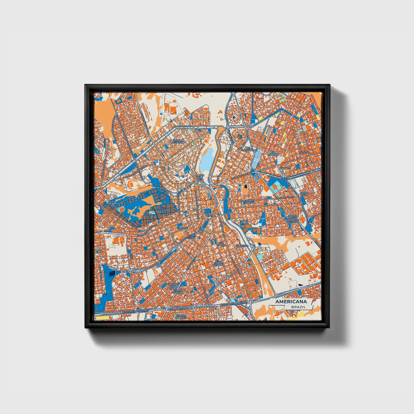 Americana Brazil Colorful City Map Canvas Print • Black Framed