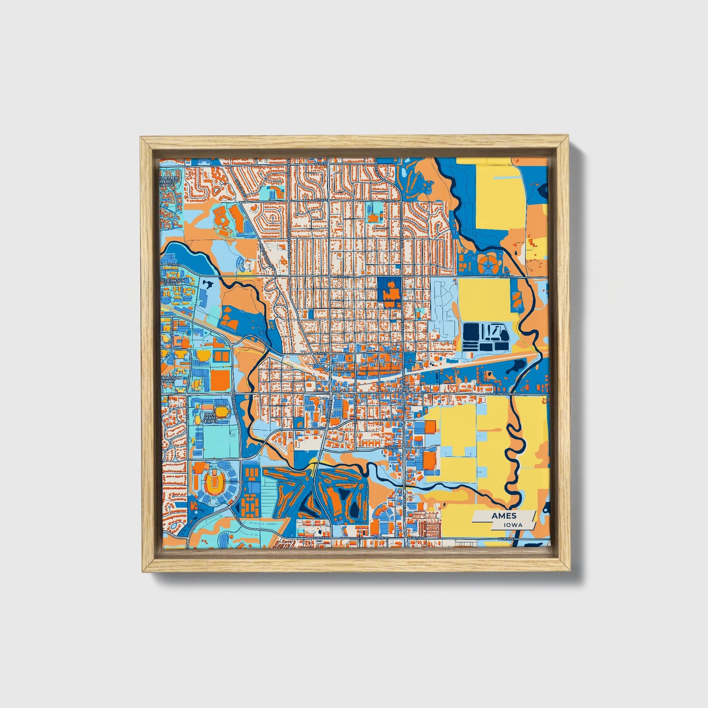 Ames Iowa Colorful City Map Canvas Print • Natural Wooden Framed