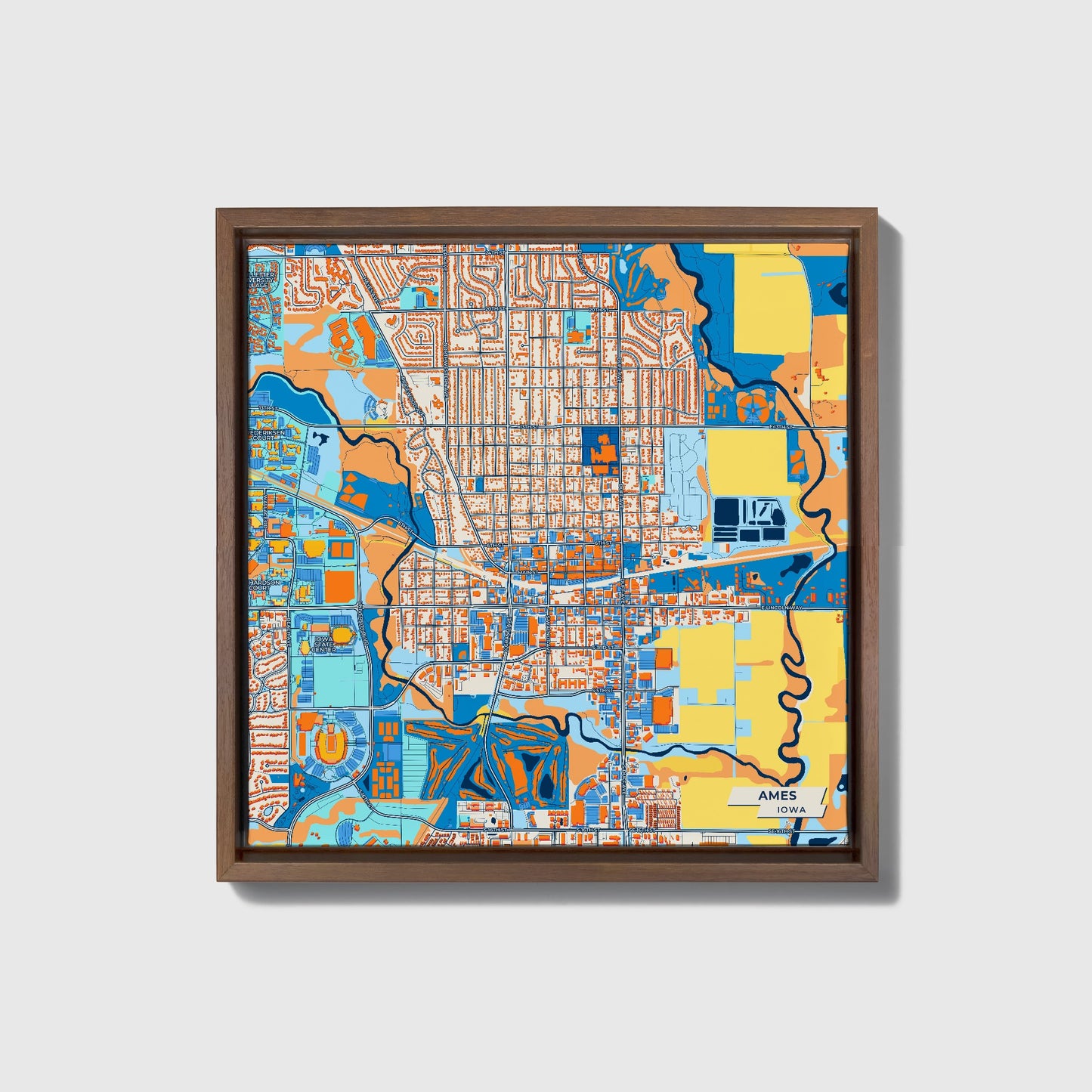 Ames Iowa Colorful City Map Canvas Print • Dark Wooden Framed