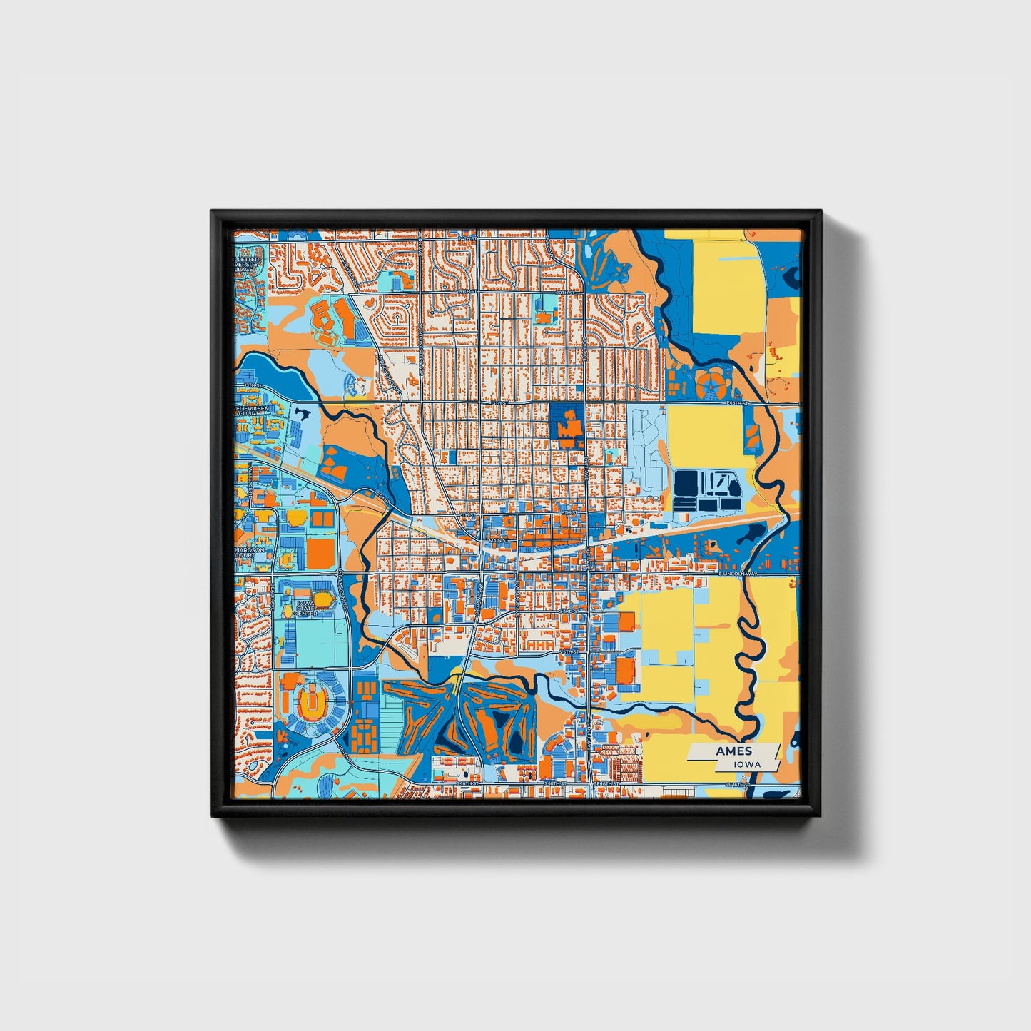 Ames Iowa Colorful City Map Canvas Print • Black Framed